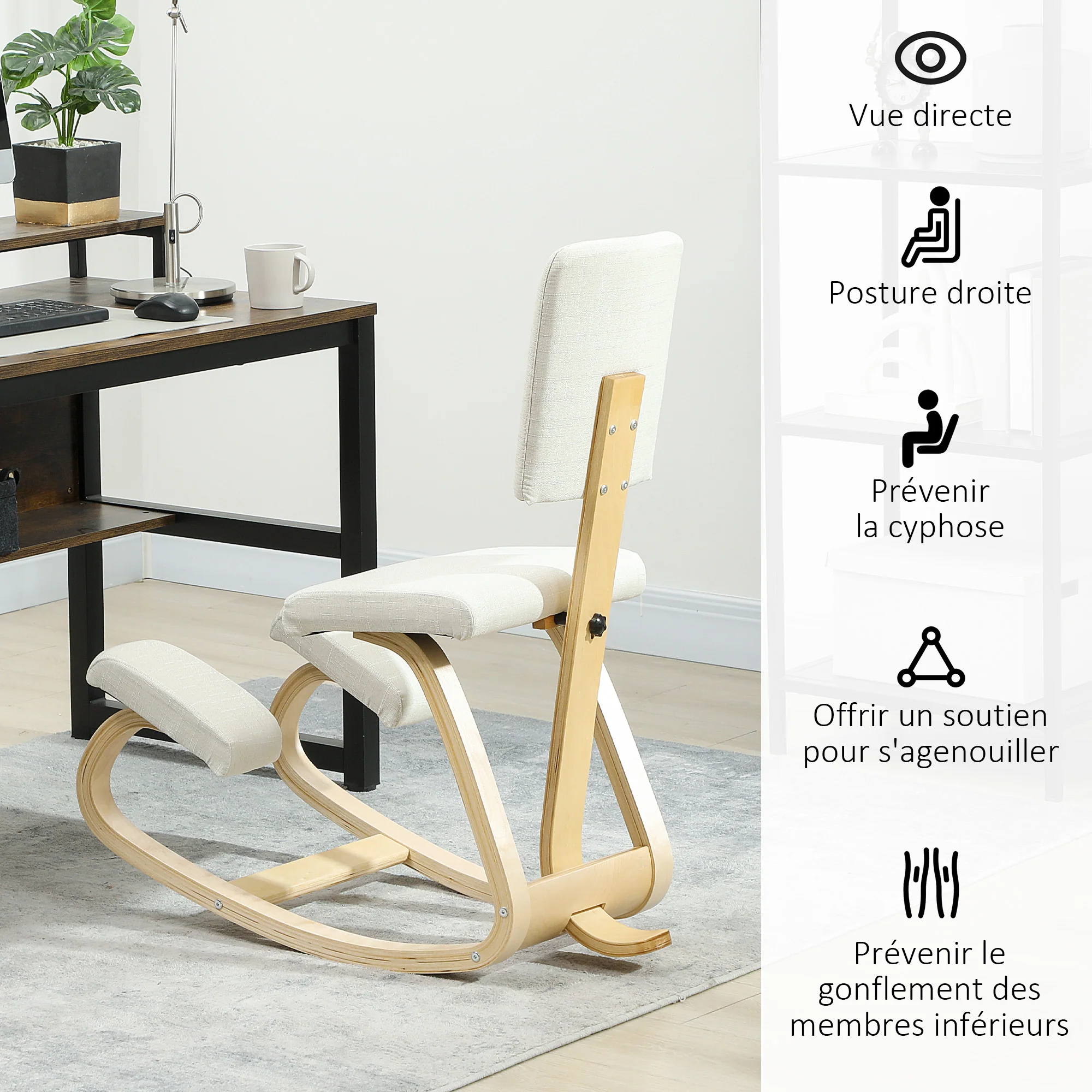 Chaise à genoux ergonomique avec dossier, siège assis genoux à bascule, tabouret ergonomique en bois, tabouret bureau orthopédique, correcteur de posture, soulager les douleurs au dos, crème - Image 6