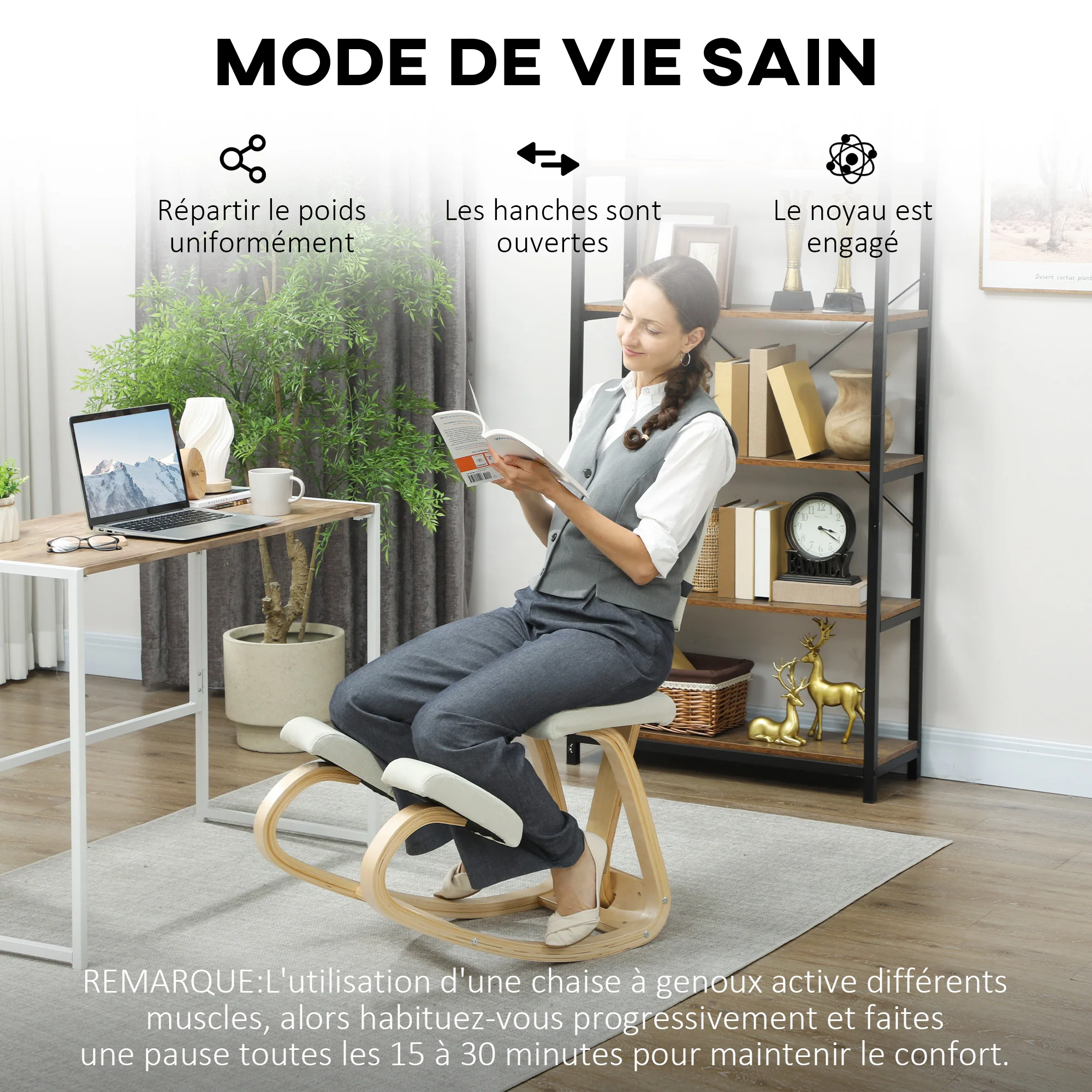 Chaise à genoux ergonomique avec dossier, siège assis genoux à bascule, tabouret ergonomique en bois, tabouret bureau orthopédique, correcteur de posture, soulager les douleurs au dos, crème - Image 7