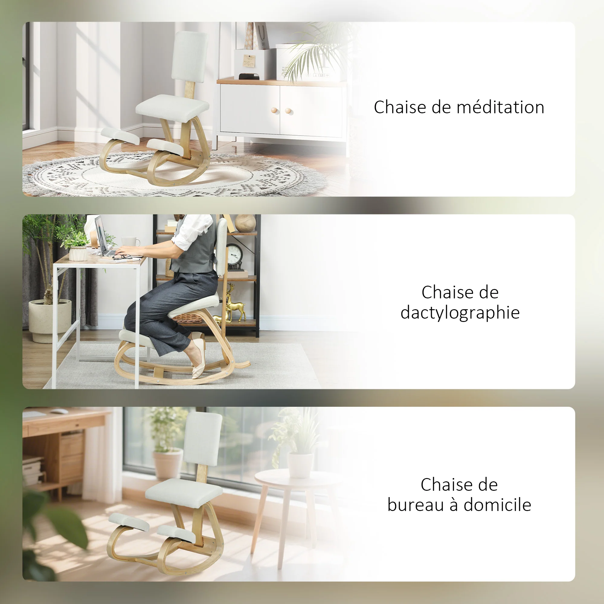 Chaise à genoux ergonomique avec dossier, siège assis genoux à bascule, tabouret ergonomique en bois, tabouret bureau orthopédique, correcteur de posture, soulager les douleurs au dos, crème - Image 8