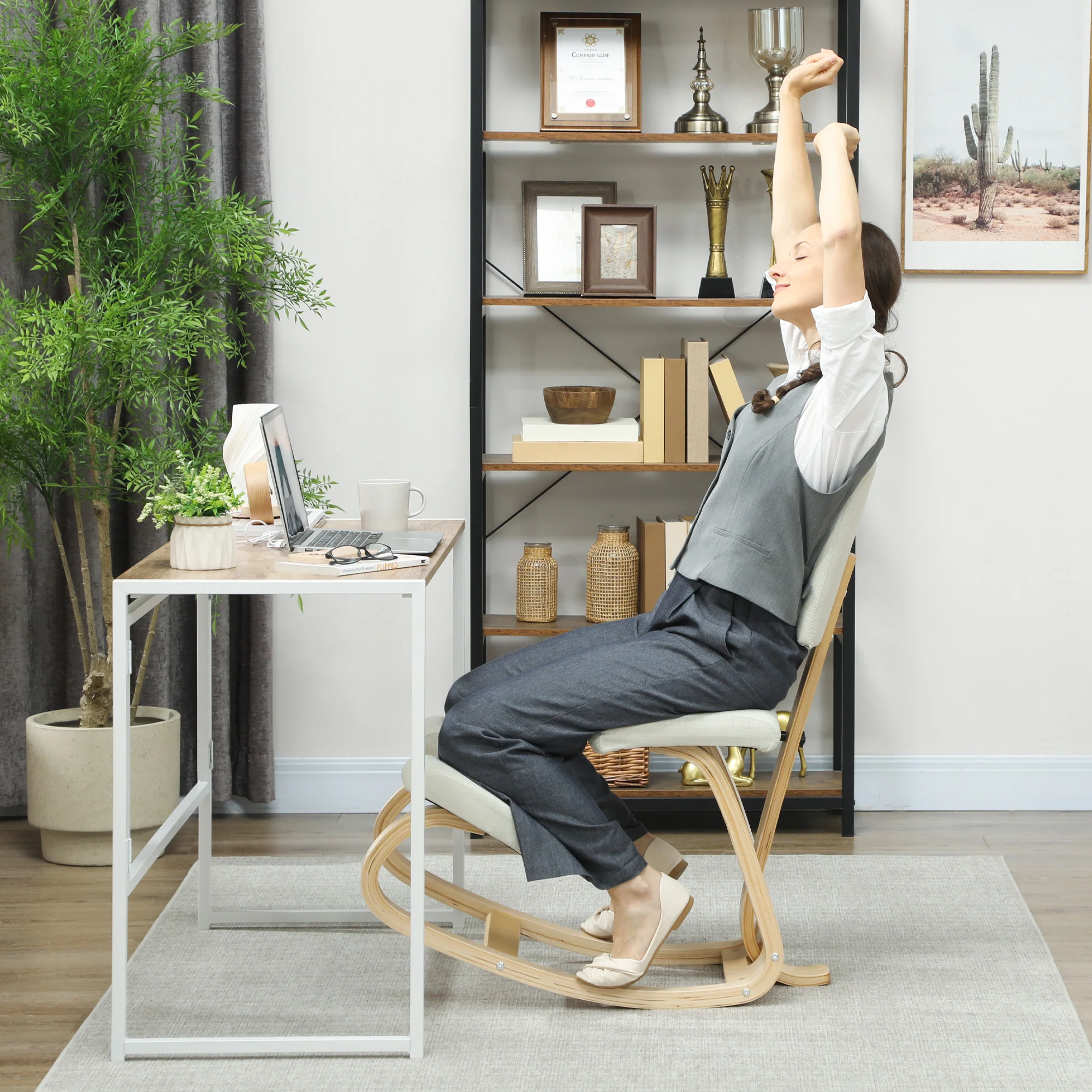 Chaise à genoux ergonomique avec dossier, siège assis genoux à bascule, tabouret ergonomique en bois, tabouret bureau orthopédique, correcteur de posture, soulager les douleurs au dos, crème - Image 9