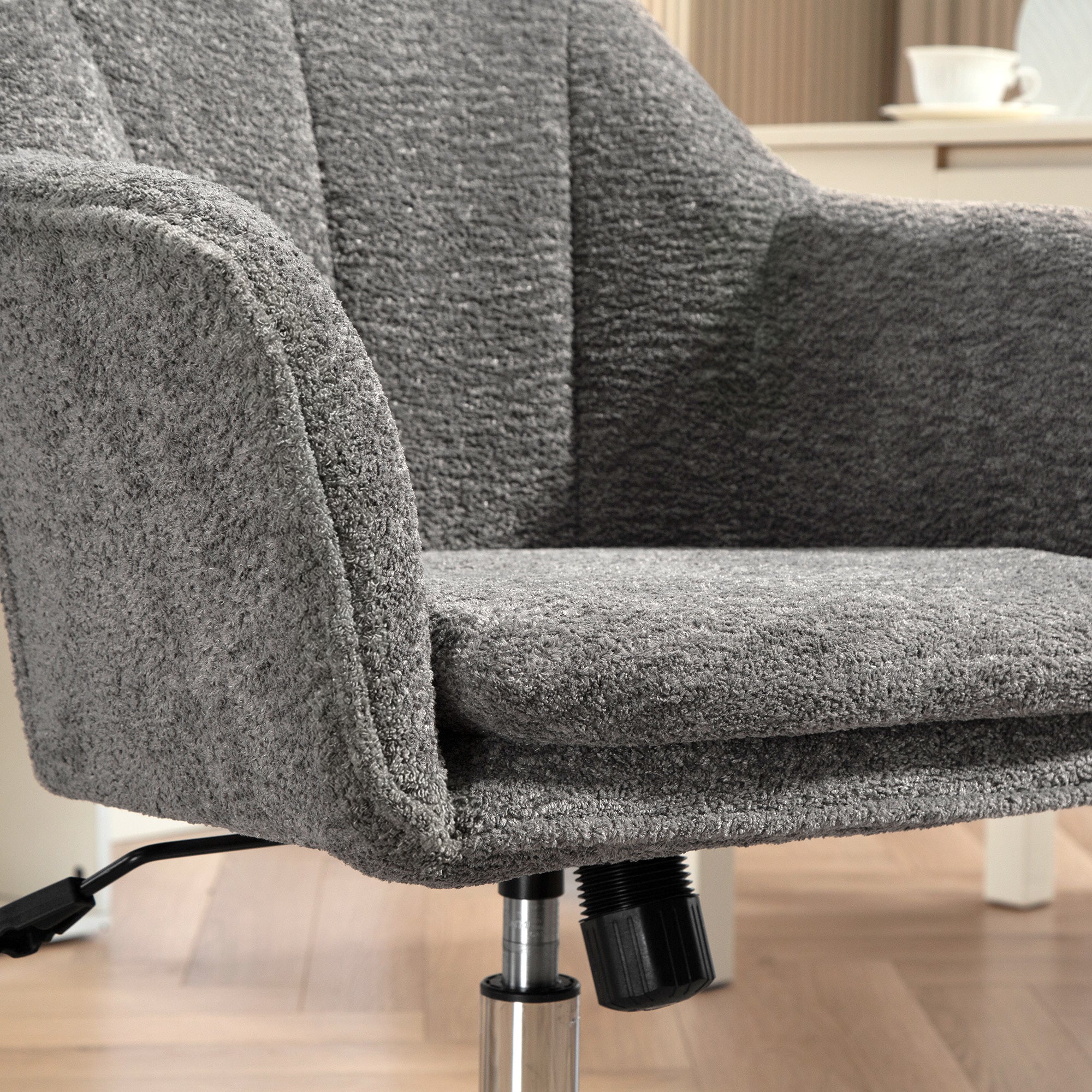 Chaise bureau ergonomique en flanelle neige, fauteuil pivotante, chaise coiffeuse avec hauteur réglable, dossier incurvé et fonction de bascule, pour bureau, salon, chambre, gris - Image 10