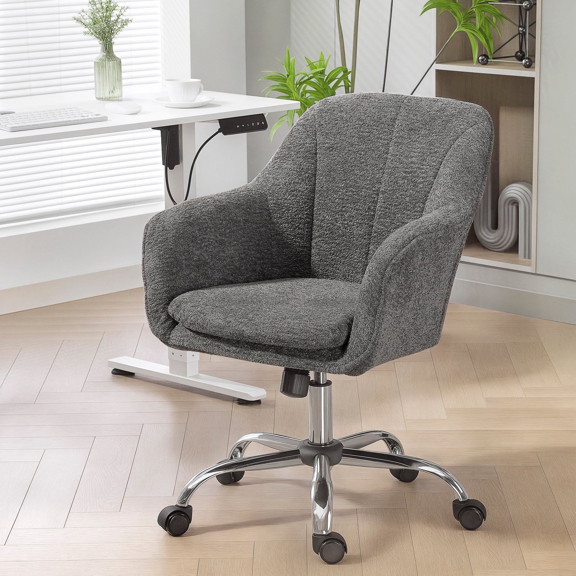Chaise bureau ergonomique en flanelle neige, fauteuil pivotante, chaise coiffeuse avec hauteur réglable, dossier incurvé et fonction de bascule, pour bureau, salon, chambre, gris - Image 11