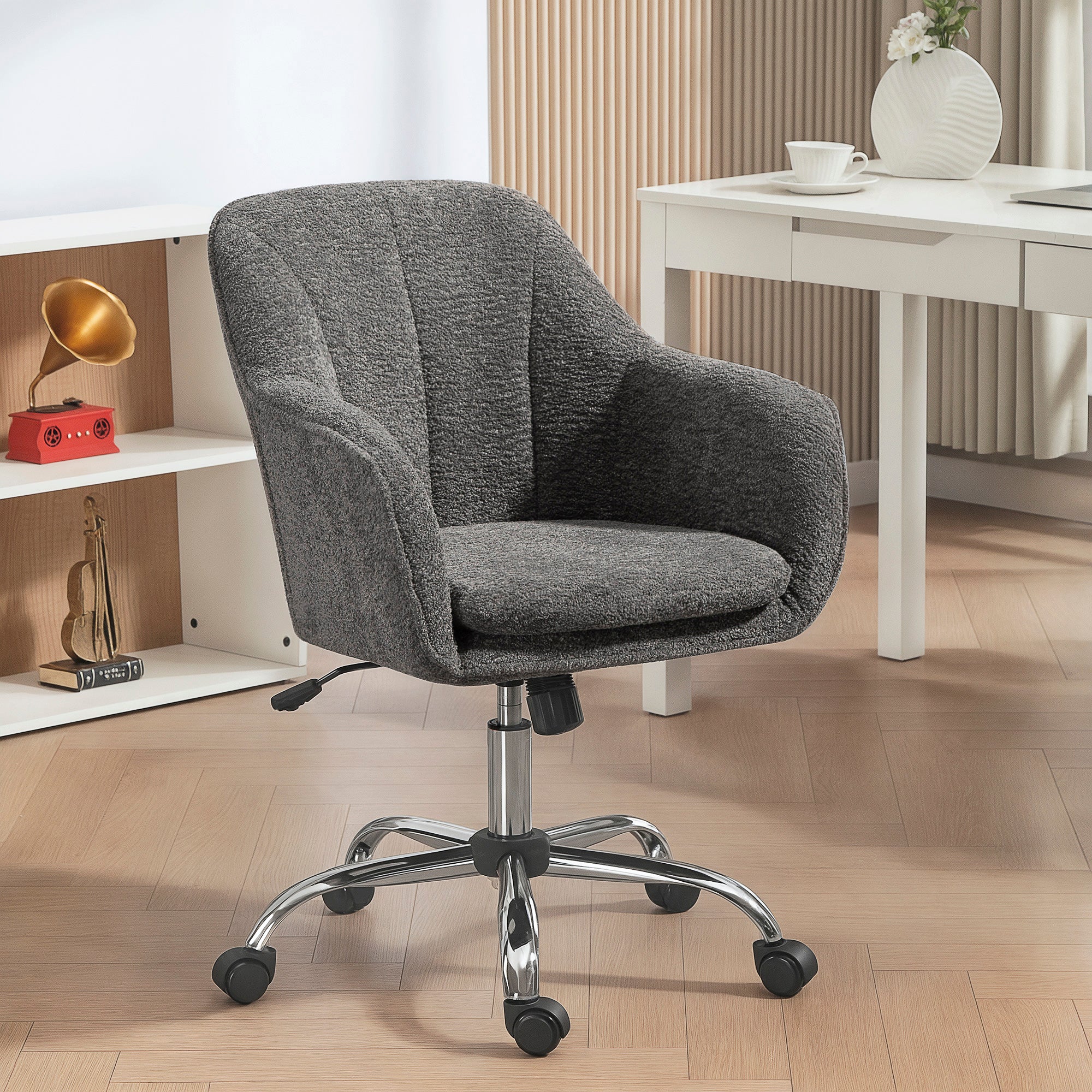 Chaise bureau ergonomique en flanelle neige, fauteuil pivotante, chaise coiffeuse avec hauteur réglable, dossier incurvé et fonction de bascule, pour bureau, salon, chambre, gris - Image 3