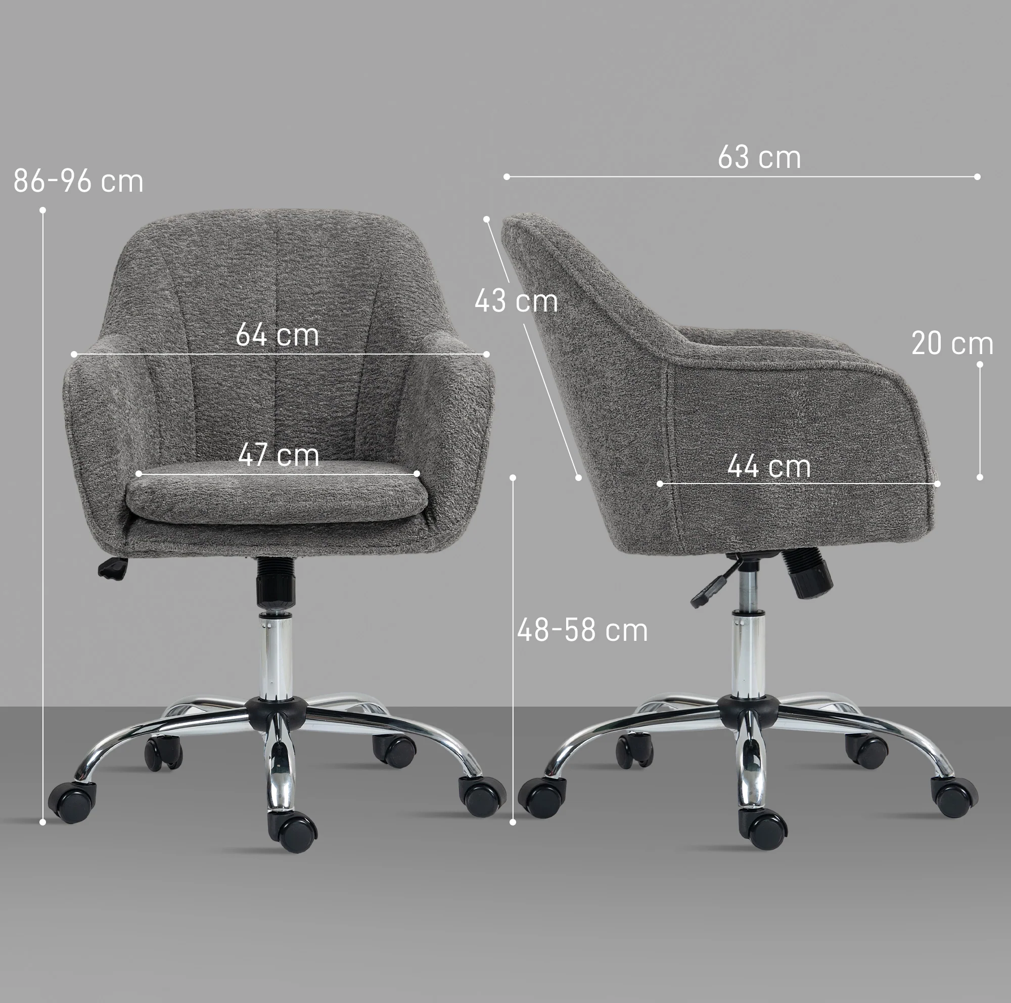 Chaise bureau ergonomique en flanelle neige, fauteuil pivotante, chaise coiffeuse avec hauteur réglable, dossier incurvé et fonction de bascule, pour bureau, salon, chambre, gris - Image 4