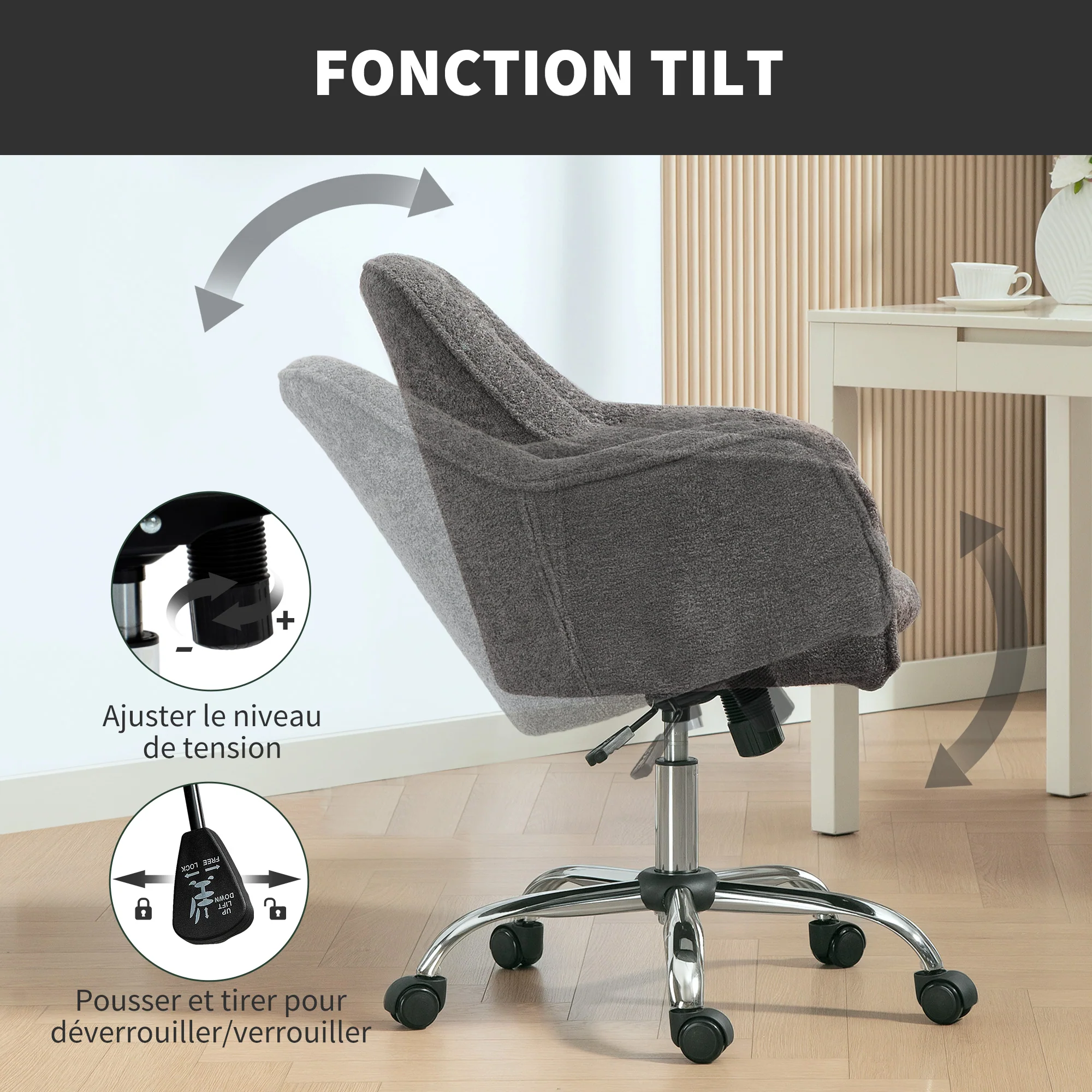 Chaise bureau ergonomique en flanelle neige, fauteuil pivotante, chaise coiffeuse avec hauteur réglable, dossier incurvé et fonction de bascule, pour bureau, salon, chambre, gris - Image 7