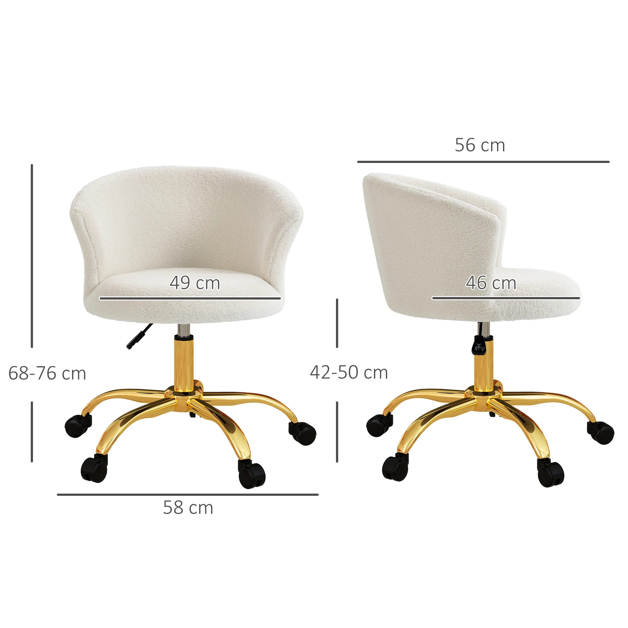 Chaise bureau ergonomique en polaire Teddy, chaise coiffeuse, fauteuil pivotante avec hauteur réglable, assise rembourrée et piètement acier doré, pour bureau, salon, chambre, blanc - Image 4