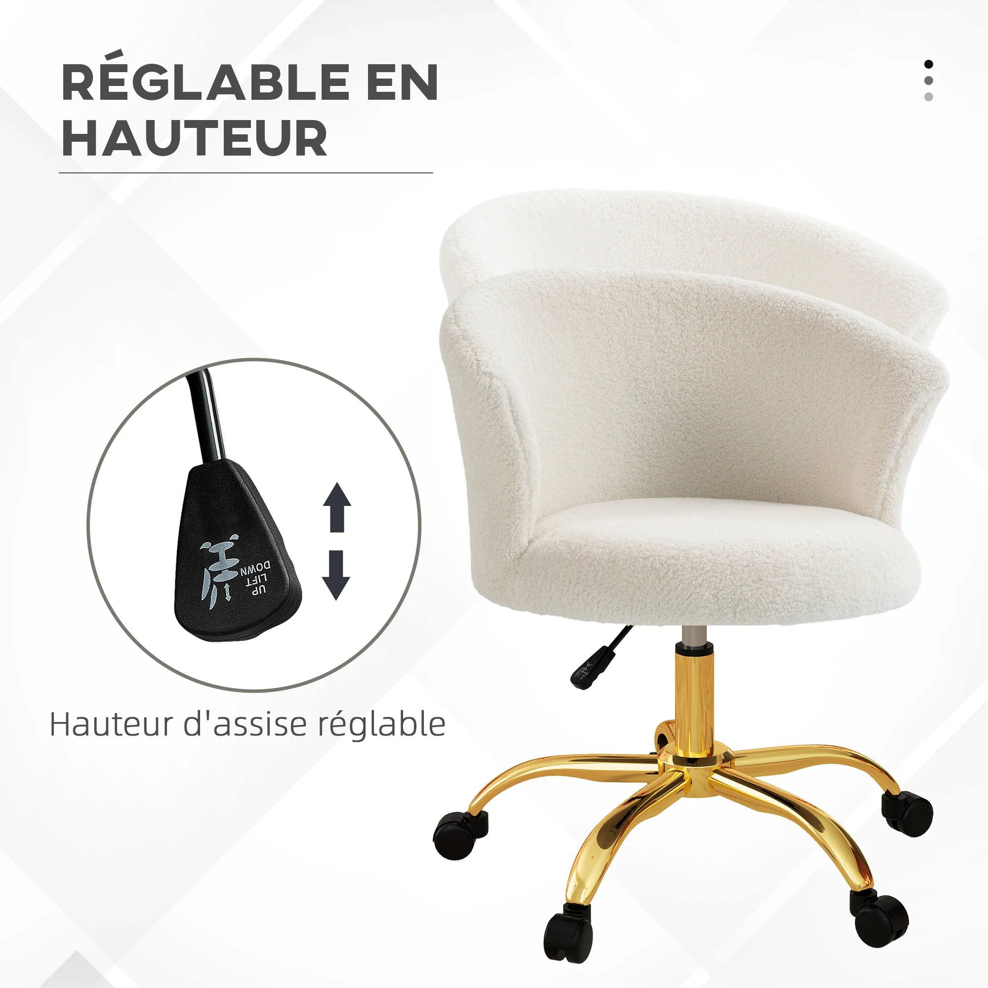 Chaise bureau ergonomique en polaire Teddy, chaise coiffeuse, fauteuil pivotante avec hauteur réglable, assise rembourrée et piètement acier doré, pour bureau, salon, chambre, blanc - Image 5