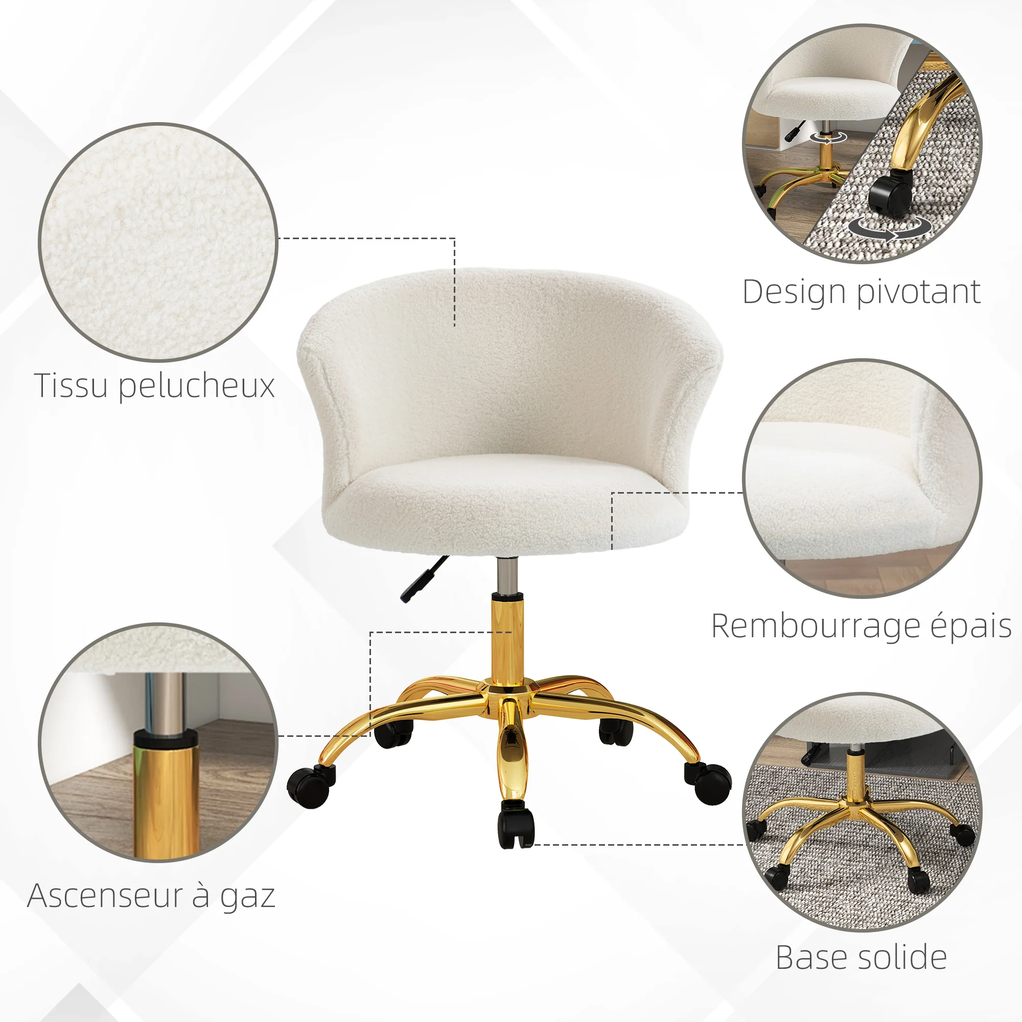 Chaise bureau ergonomique en polaire Teddy, chaise coiffeuse, fauteuil pivotante avec hauteur réglable, assise rembourrée et piètement acier doré, pour bureau, salon, chambre, blanc - Image 6