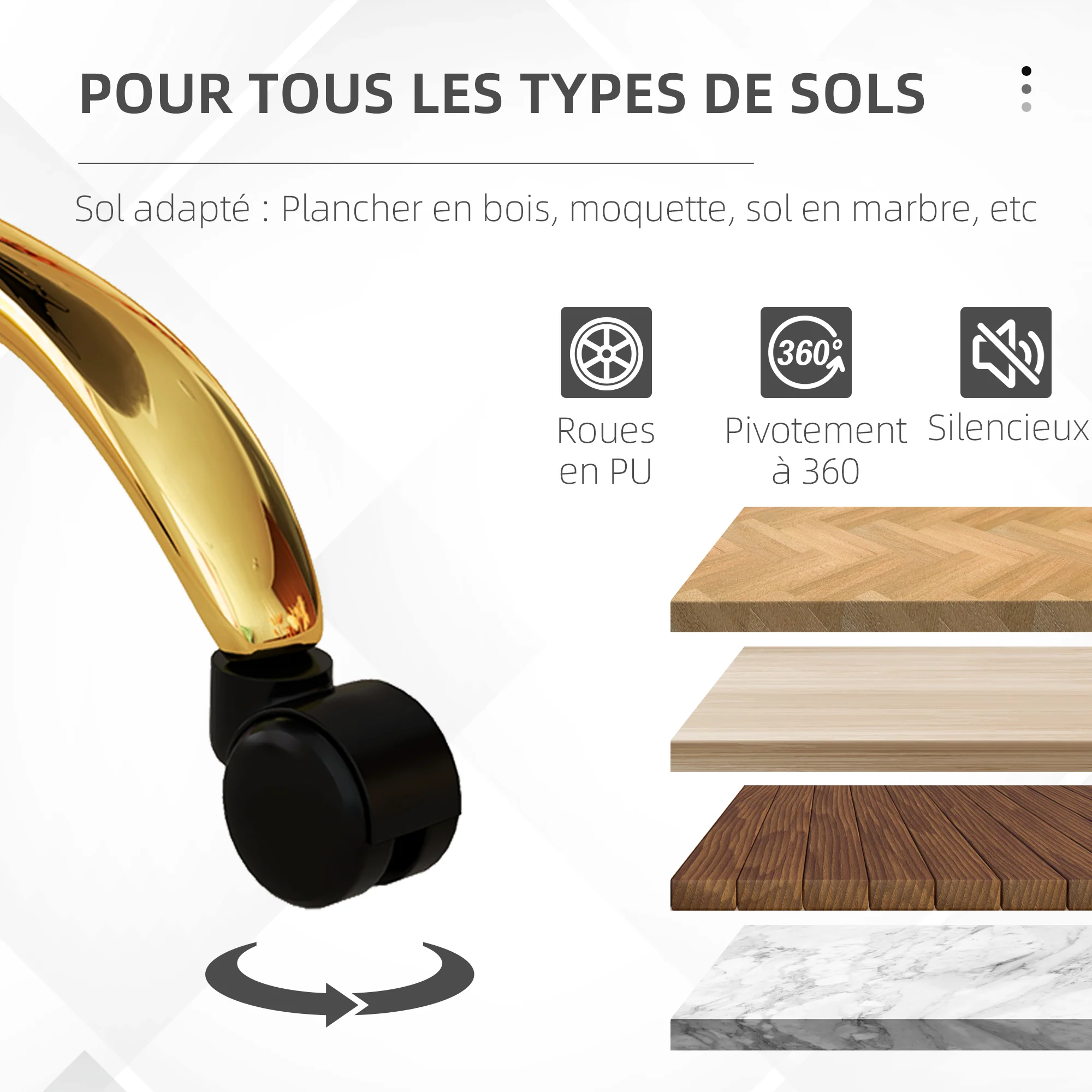 Chaise bureau ergonomique en polaire Teddy, chaise coiffeuse, fauteuil pivotante avec hauteur réglable, assise rembourrée et piètement acier doré, pour bureau, salon, chambre, blanc - Image 7