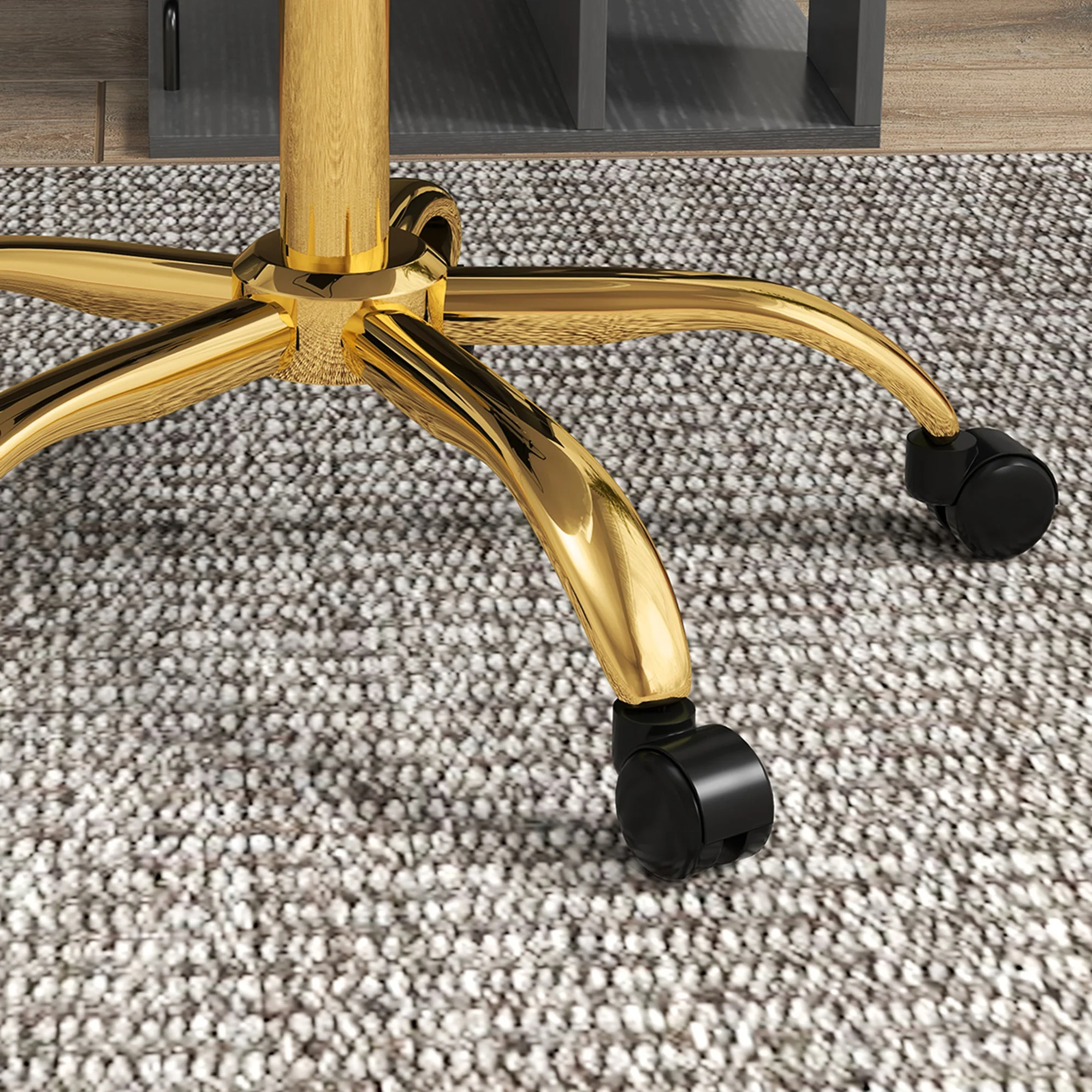 Chaise bureau ergonomique en polaire Teddy, chaise coiffeuse, fauteuil pivotante avec hauteur réglable, assise rembourrée et piètement acier doré, pour bureau, salon, chambre, blanc - Image 9
