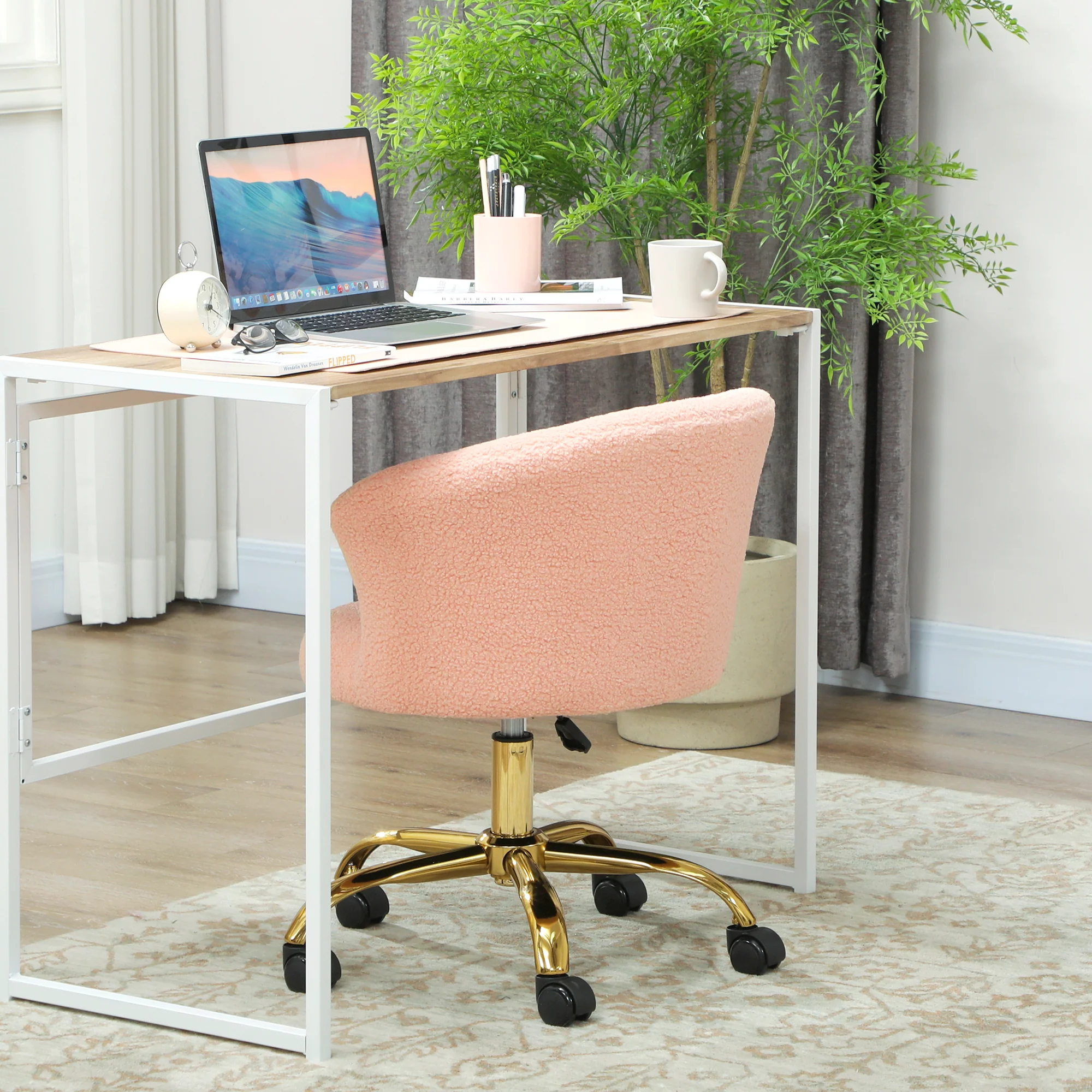 Chaise bureau ergonomique en polaire Teddy, chaise coiffeuse, fauteuil pivotante avec hauteur réglable, assise rembourrée et piètement acier doré, pour bureau, salon, chambre, rose - Image 10