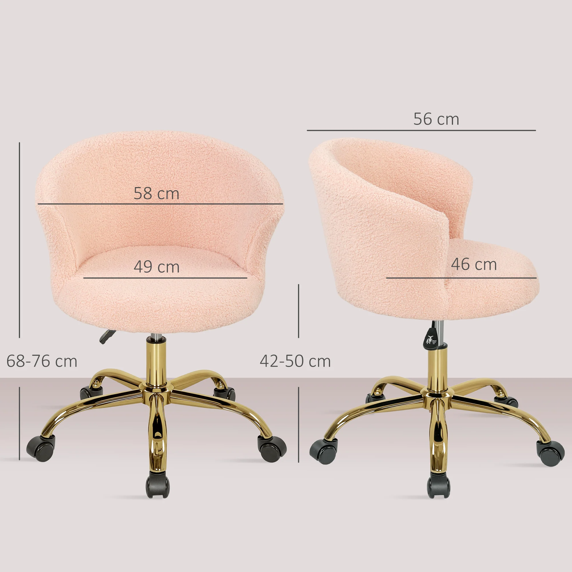 Chaise bureau ergonomique en polaire Teddy, chaise coiffeuse, fauteuil pivotante avec hauteur réglable, assise rembourrée et piètement acier doré, pour bureau, salon, chambre, rose - Image 4