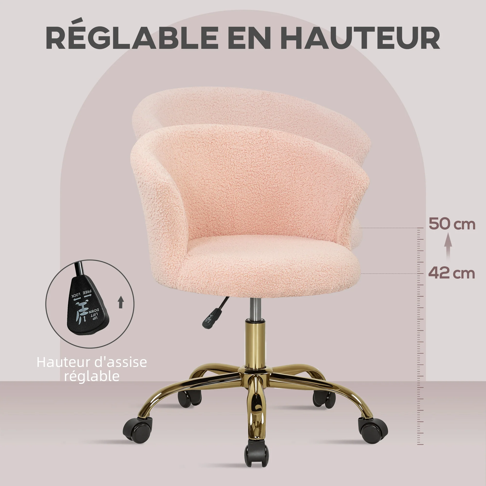 Chaise bureau ergonomique en polaire Teddy, chaise coiffeuse, fauteuil pivotante avec hauteur réglable, assise rembourrée et piètement acier doré, pour bureau, salon, chambre, rose - Image 5