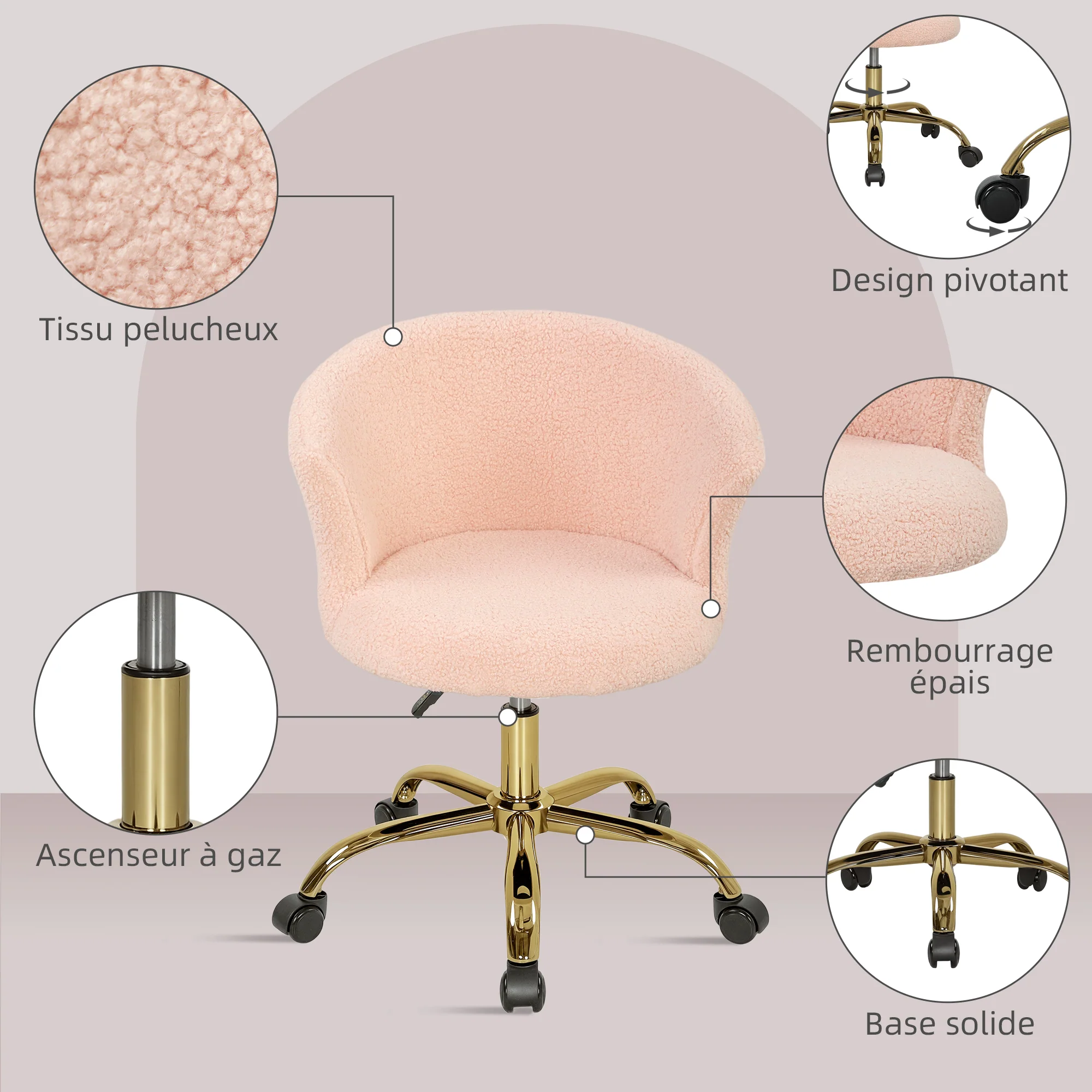 Chaise bureau ergonomique en polaire Teddy, chaise coiffeuse, fauteuil pivotante avec hauteur réglable, assise rembourrée et piètement acier doré, pour bureau, salon, chambre, rose - Image 6