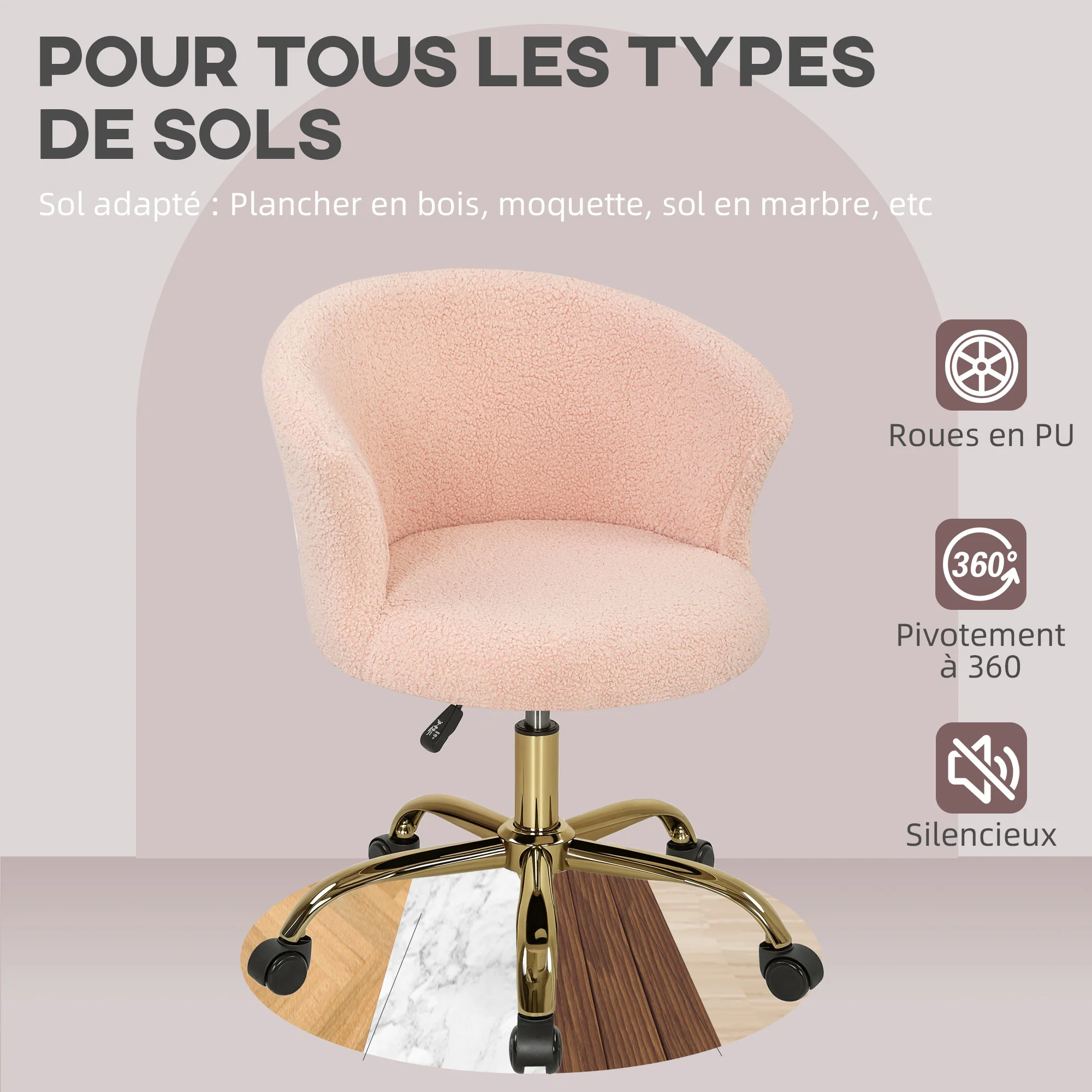 Chaise bureau ergonomique en polaire Teddy, chaise coiffeuse, fauteuil pivotante avec hauteur réglable, assise rembourrée et piètement acier doré, pour bureau, salon, chambre, rose - Image 7