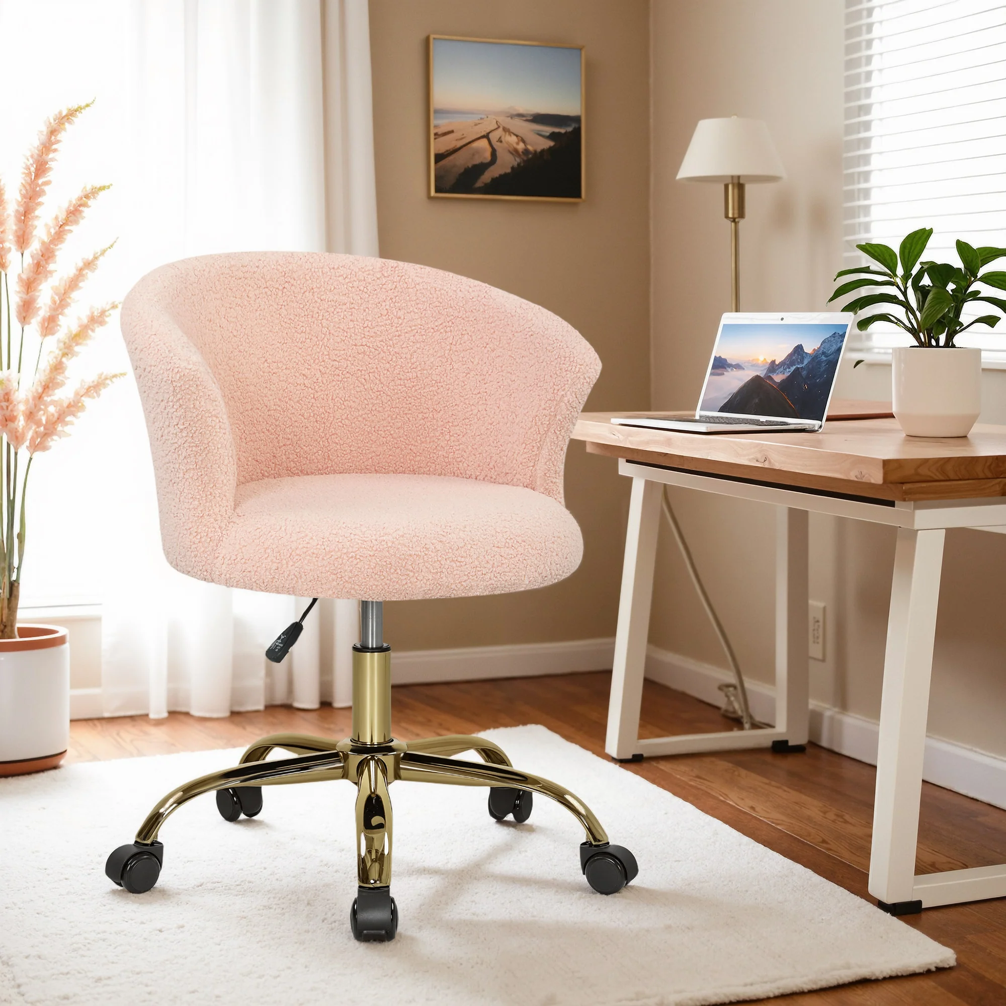 Chaise bureau ergonomique en polaire Teddy, chaise coiffeuse, fauteuil pivotante avec hauteur réglable, assise rembourrée et piètement acier doré, pour bureau, salon, chambre, rose - Image 9