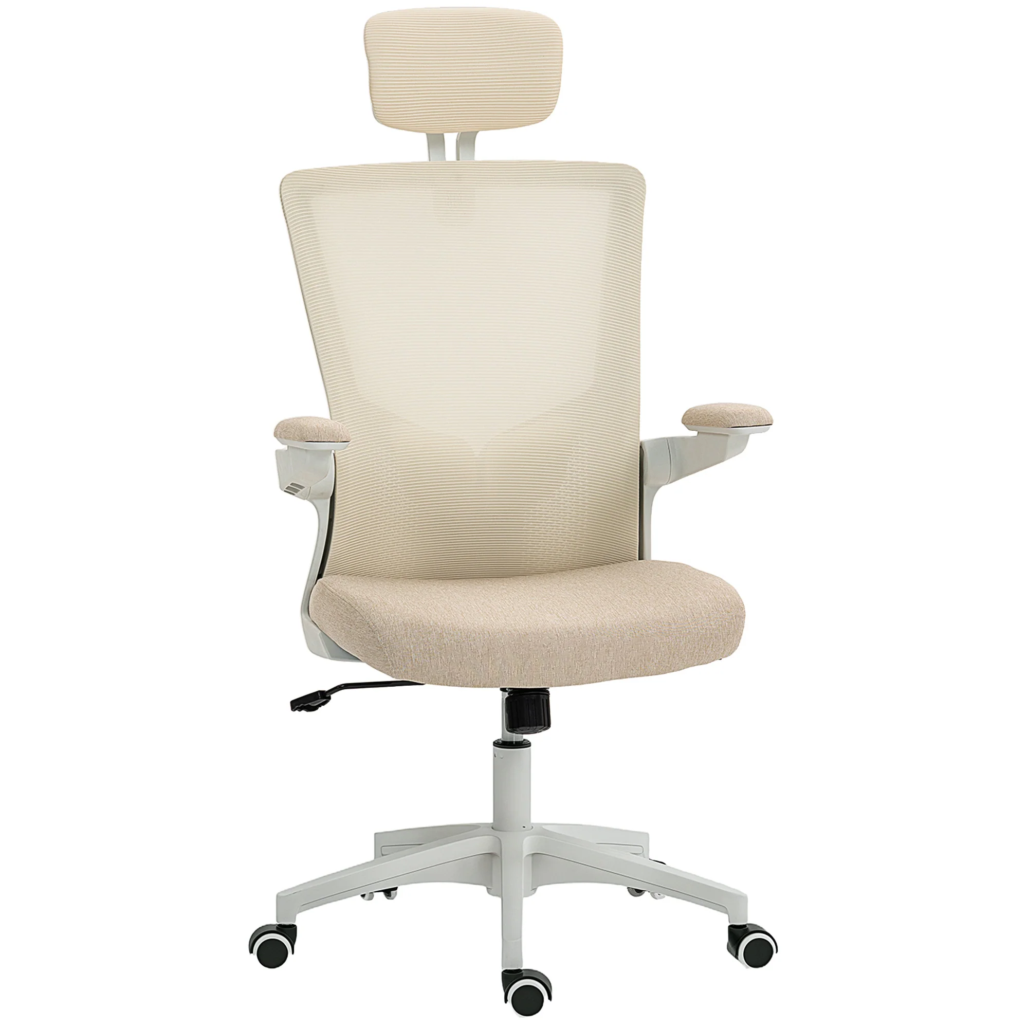 Chaise bureau ergonomique, fauteuil de bureau avec hauteur réglable, soutien lombaire, appui-tête, accoudoirs relevables, fonction bascule, pivotant à 360° et roulettes, beige - Image 2