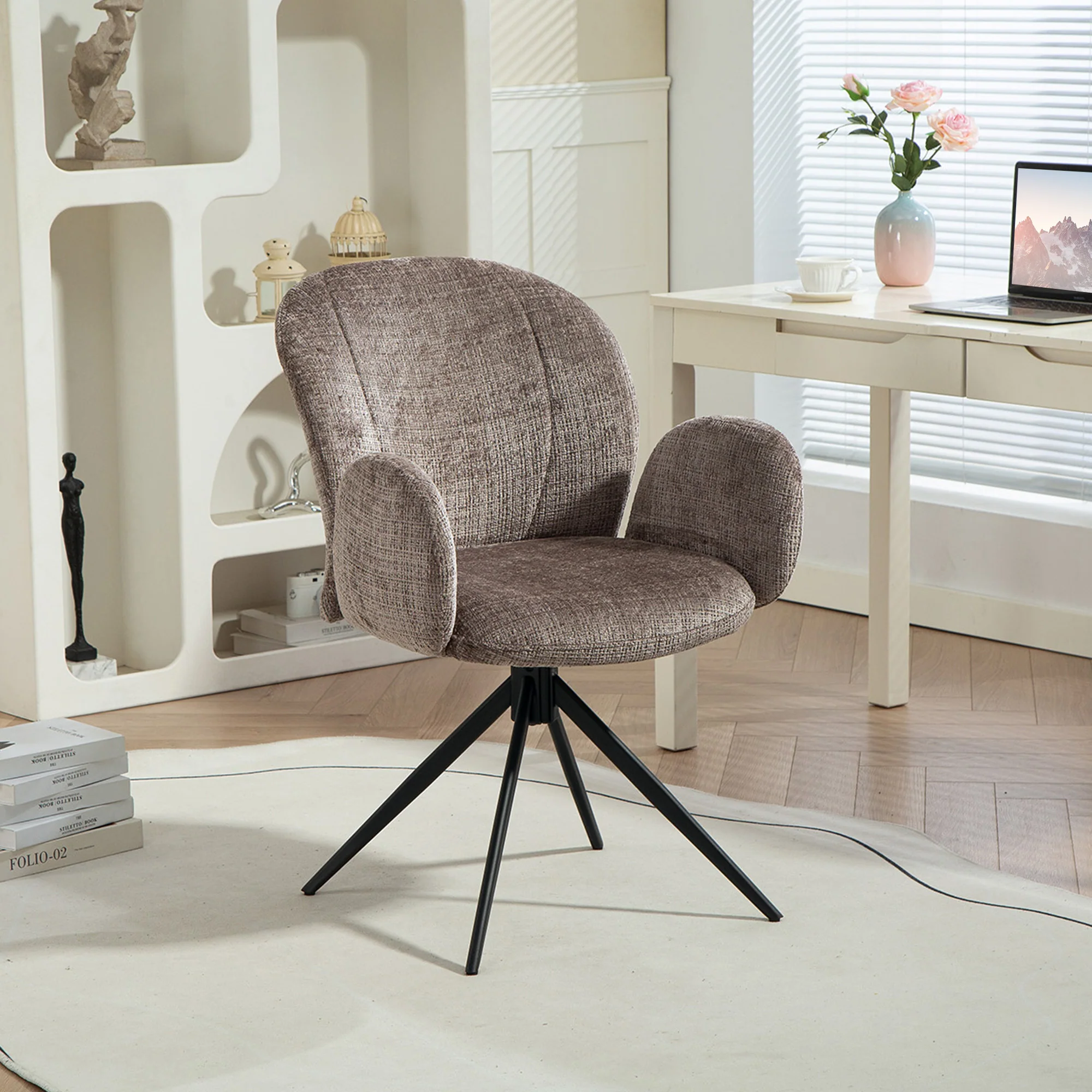 Chaise bureau ergonomique, fauteuil de bureau avec siège pivotant à retour automatique, dossier et accoudoirs rembourrés, tissu aspect lin, pour salon, chambre, télétravail, brun clair - Image 10