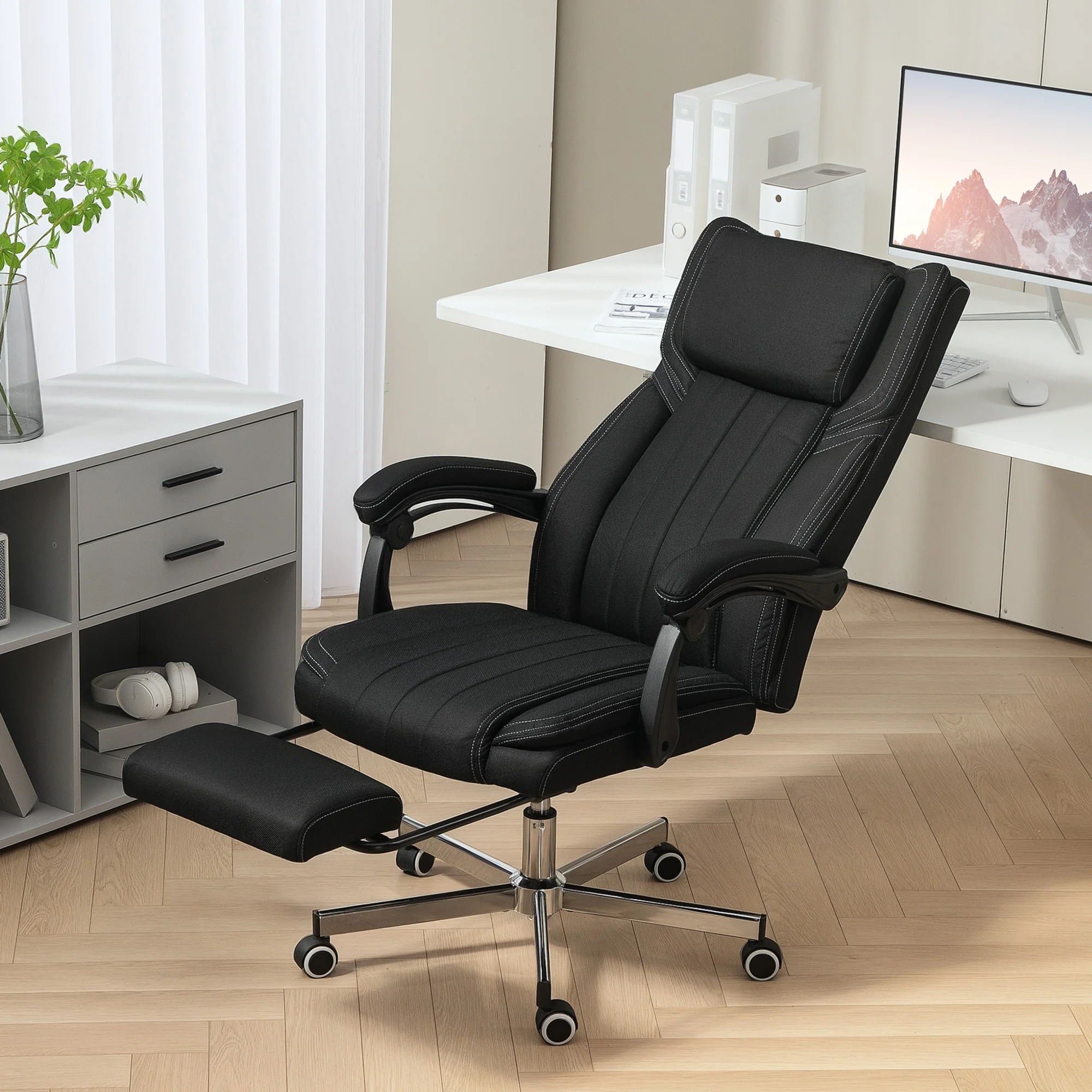 Chaise bureau fauteuil de bureau chaise ergonomique hauteur réglable dossier inclinable accoudoirs repose-pieds et appui-tête siège de bureau à roulettes pivotantes 65x61x105-113cm noir - Image 11