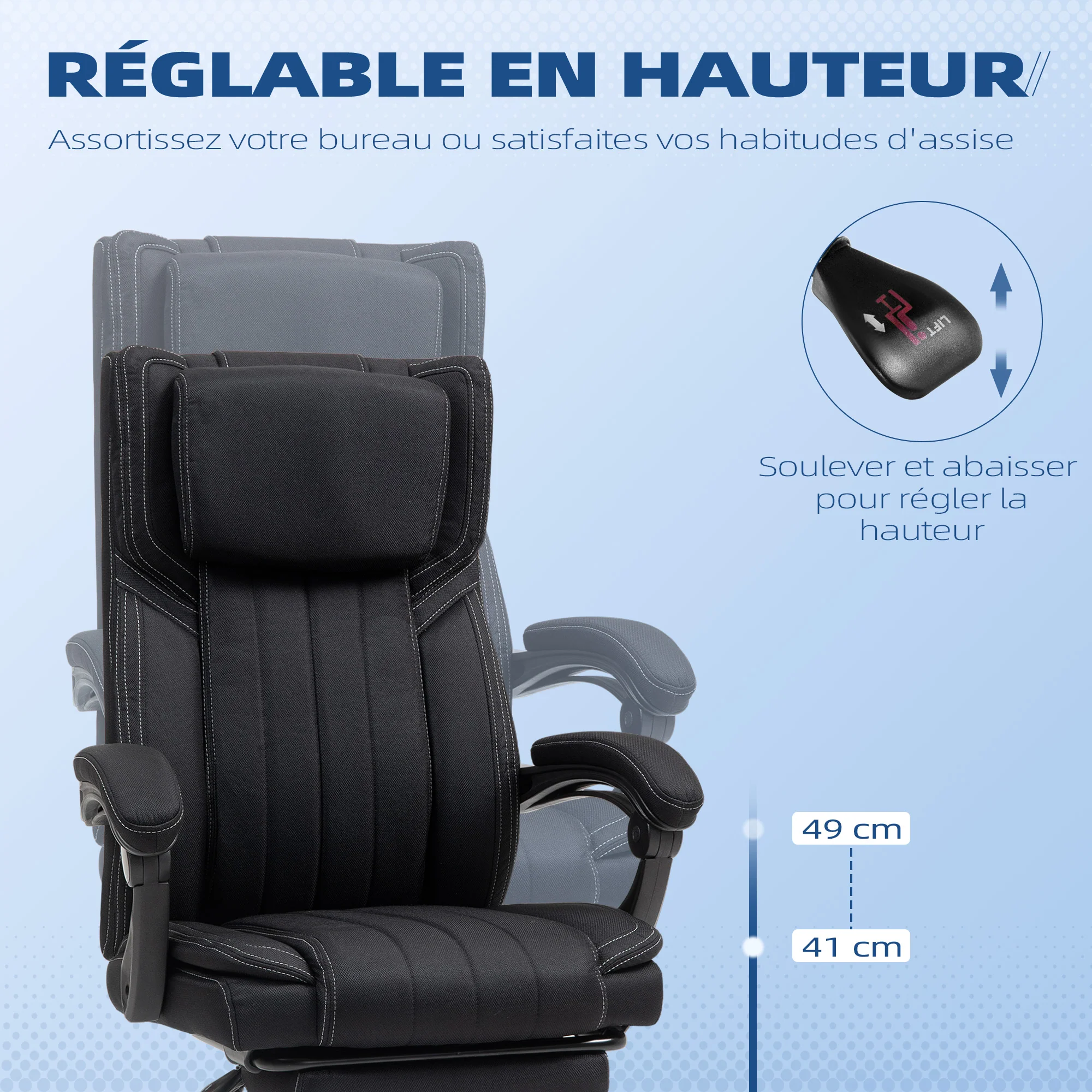 Chaise bureau fauteuil de bureau chaise ergonomique hauteur réglable dossier inclinable accoudoirs repose-pieds et appui-tête siège de bureau à roulettes pivotantes 65x61x105-113cm noir - Image 5