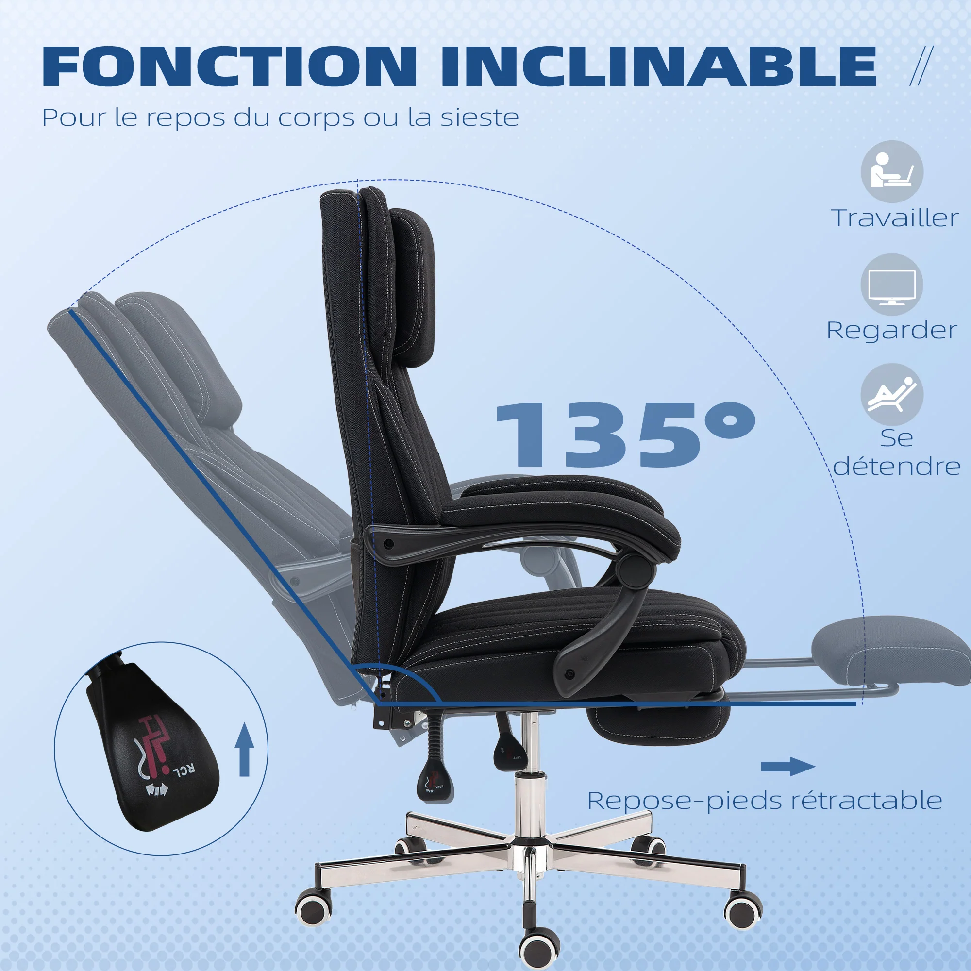 Chaise bureau fauteuil de bureau chaise ergonomique hauteur réglable dossier inclinable accoudoirs repose-pieds et appui-tête siège de bureau à roulettes pivotantes 65x61x105-113cm noir - Image 6