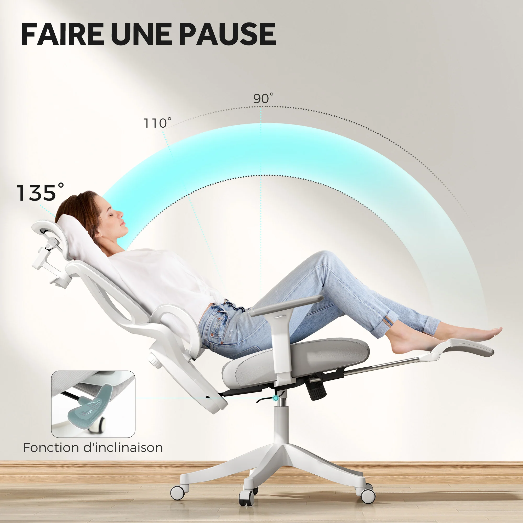 Chaise bureau fauteuil de bureau - hauteur réglable, dossier inclinable, accoudoirs 3D, appui-tête rotatif, soutien lombaire réglable, siège de bureau en tissu en maille, 71x70x129cm, noir - Image 10