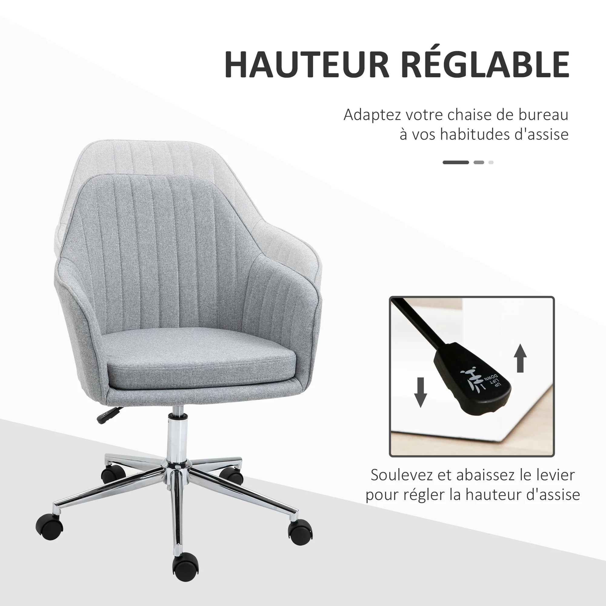 Chaise de bureau design contemporain dossier accoudoirs striés hauteur réglable pivotant 360° piètement chromé lin gris clair - Image 5