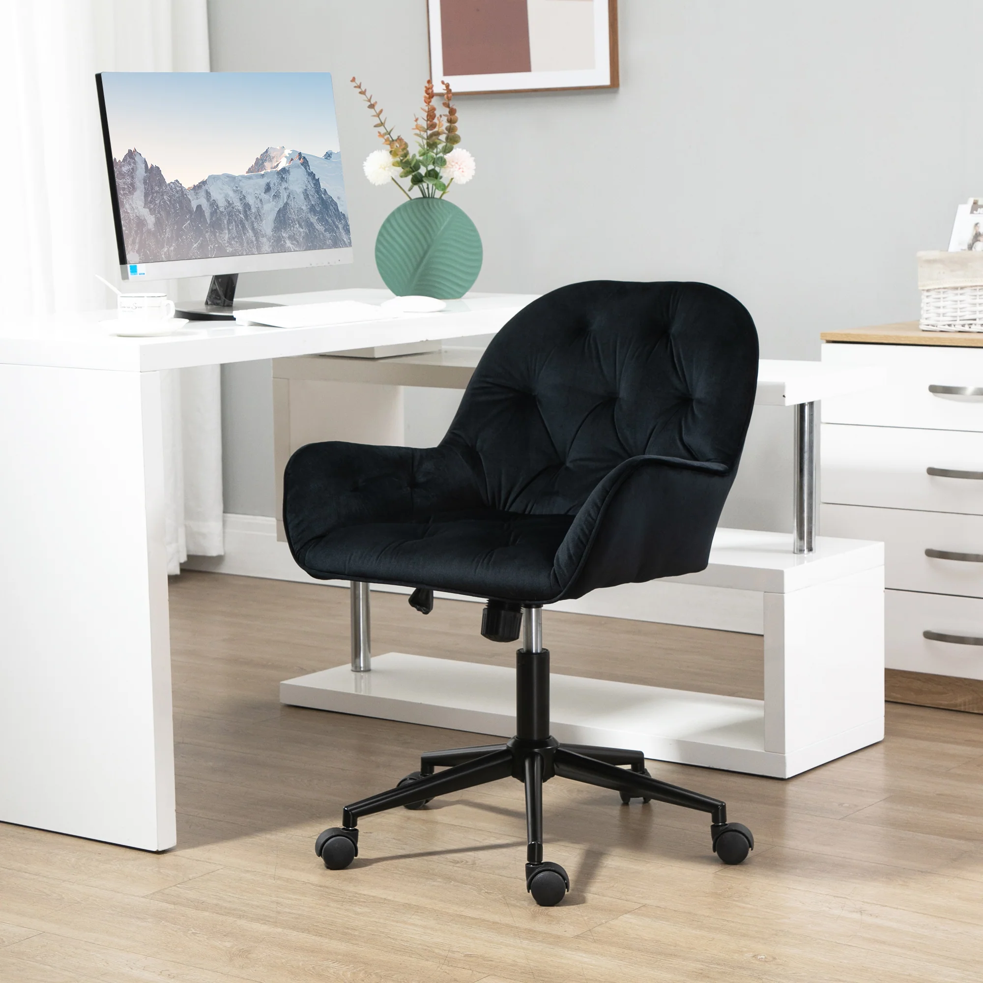 Chaise de bureau, fauteuil de bureau en aspect velours, siège pivotant à 360°, réglable en hauteur, dossier arrondi chaise ergonomique charge 120 kg pour chambre, salon, noir - Image 3
