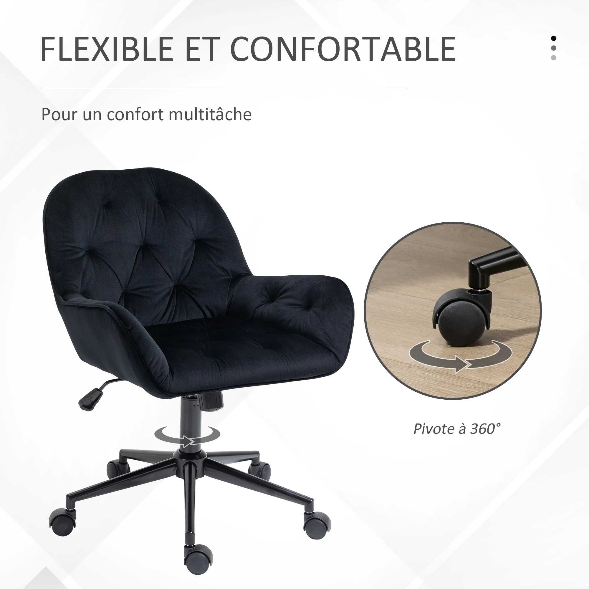 Chaise de bureau, fauteuil de bureau en aspect velours, siège pivotant à 360°, réglable en hauteur, dossier arrondi chaise ergonomique charge 120 kg pour chambre, salon, noir - Image 5