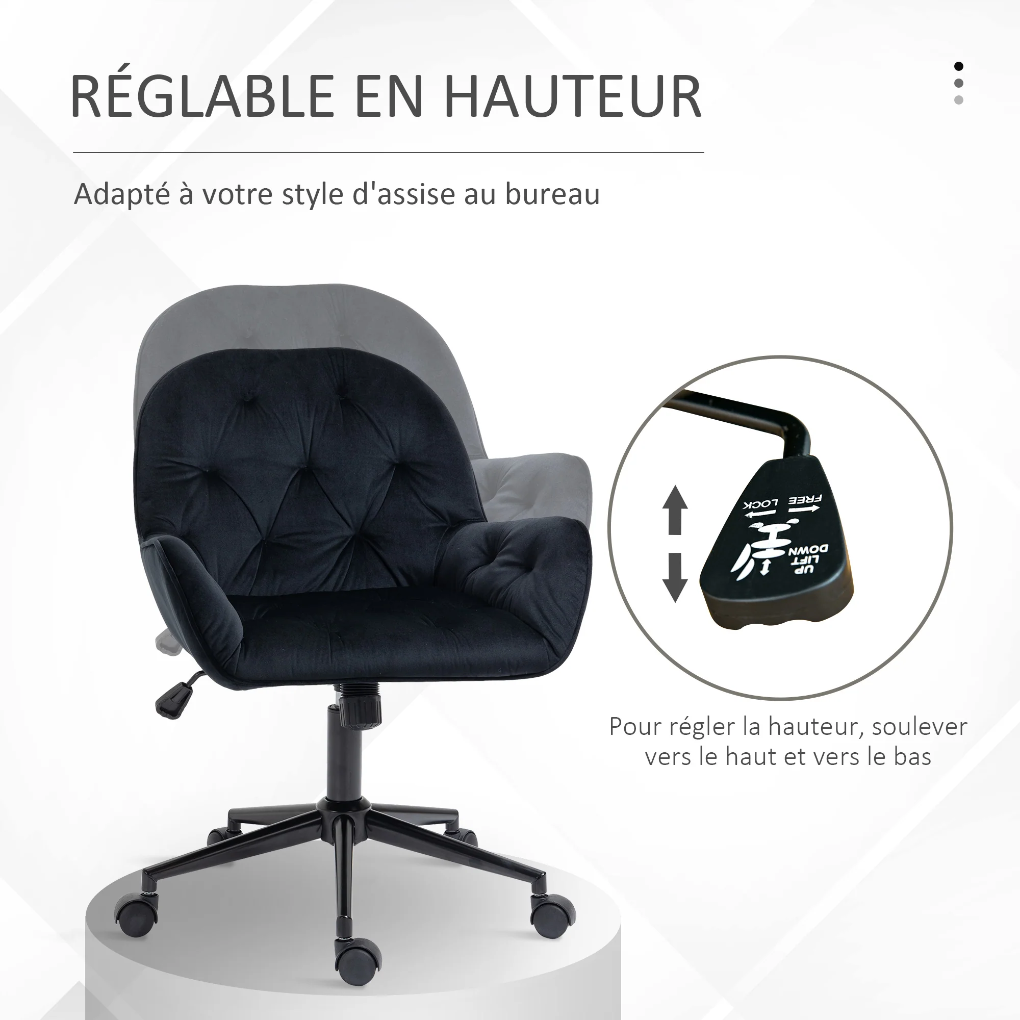 Chaise de bureau, fauteuil de bureau en aspect velours, siège pivotant à 360°, réglable en hauteur, dossier arrondi chaise ergonomique charge 120 kg pour chambre, salon, noir - Image 7