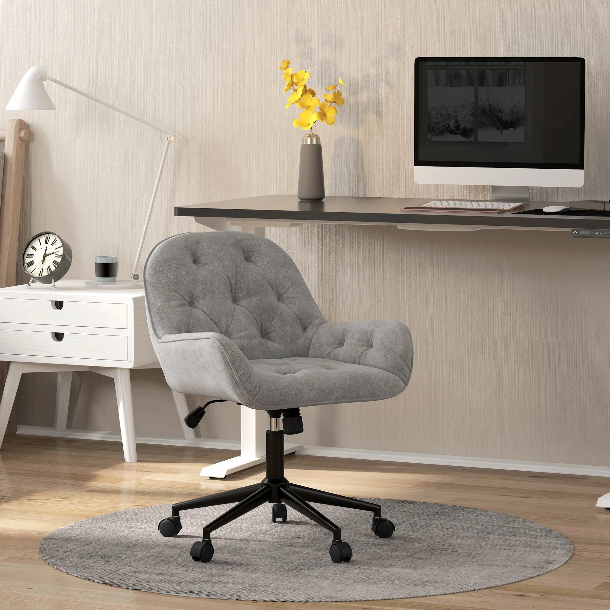 Chaise de bureau, fauteuil de bureau en aspect velours, siège pivotant à 360°, réglable en hauteur, dossier arrondi chaise ergonomique charge 120 kg pour chambre, salon, gris clair - Image 3