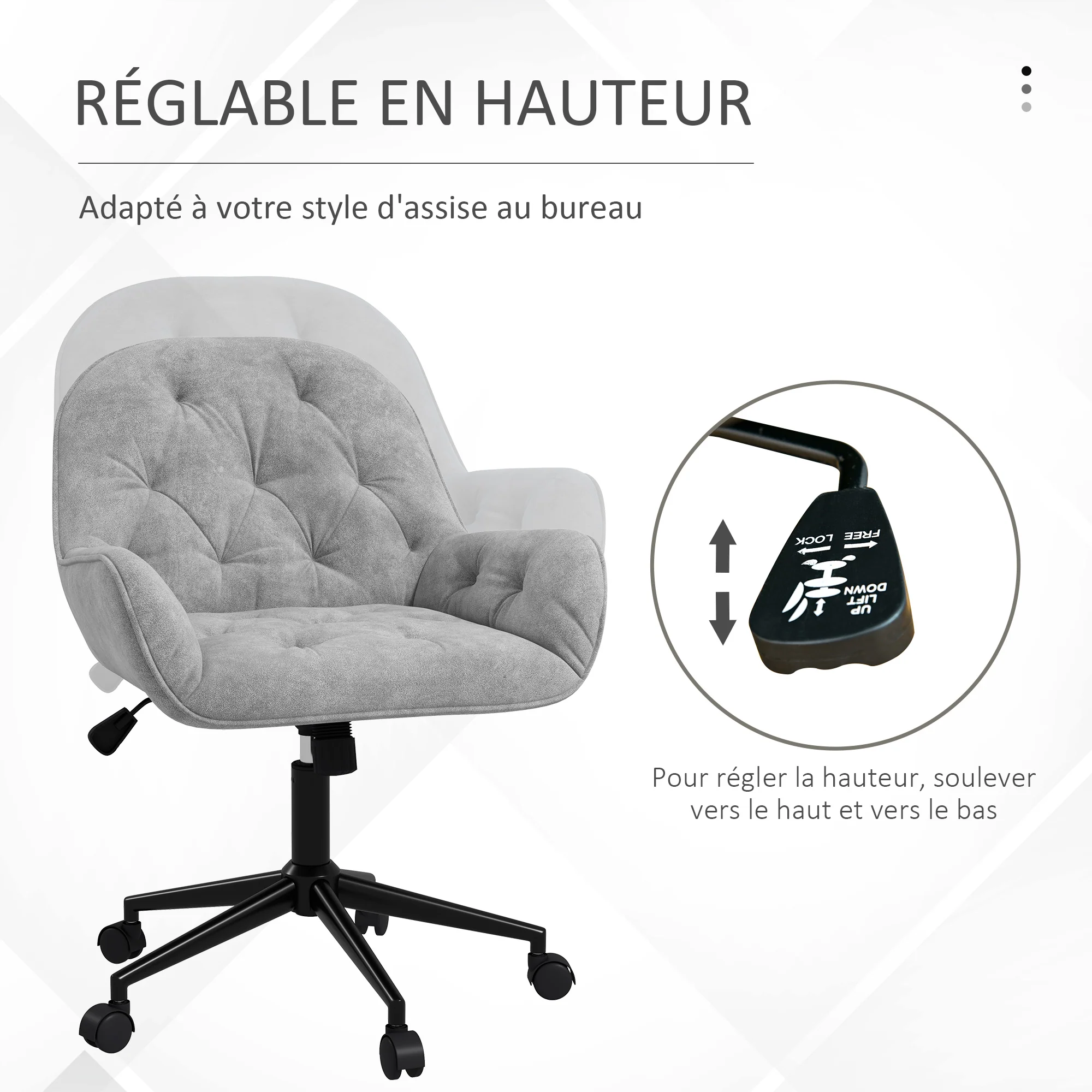 Chaise de bureau, fauteuil de bureau en aspect velours, siège pivotant à 360°, réglable en hauteur, dossier arrondi chaise ergonomique charge 120 kg pour chambre, salon, gris clair - Image 5