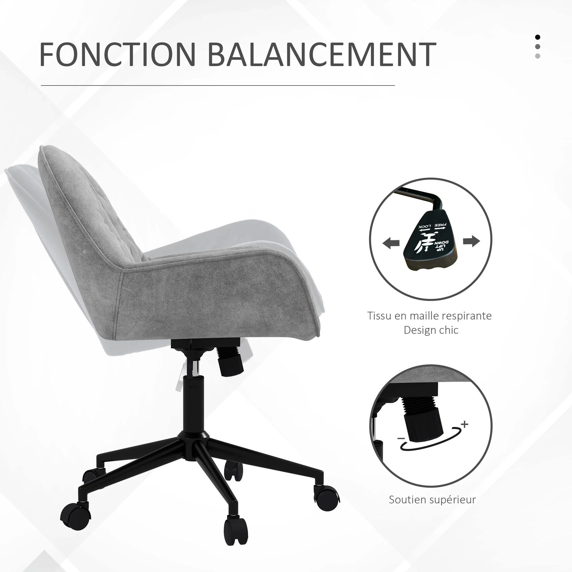 Chaise de bureau, fauteuil de bureau en aspect velours, siège pivotant à 360°, réglable en hauteur, dossier arrondi chaise ergonomique charge 120 kg pour chambre, salon, gris clair - Image 6