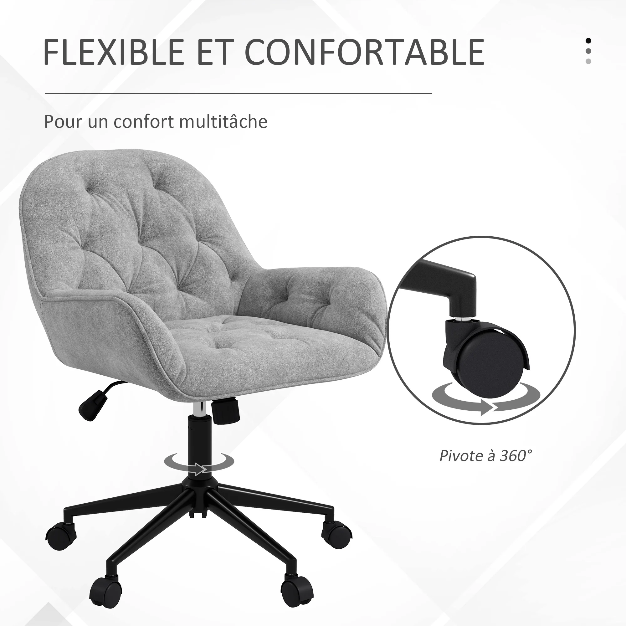 Chaise de bureau, fauteuil de bureau en aspect velours, siège pivotant à 360°, réglable en hauteur, dossier arrondi chaise ergonomique charge 120 kg pour chambre, salon, gris clair - Image 7