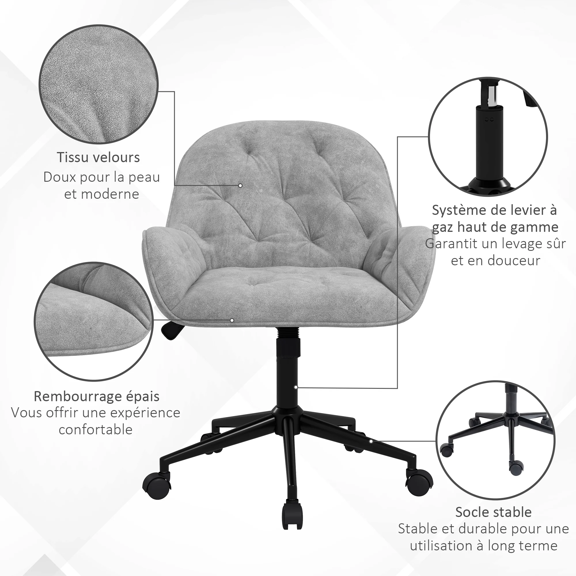 Chaise de bureau, fauteuil de bureau en aspect velours, siège pivotant à 360°, réglable en hauteur, dossier arrondi chaise ergonomique charge 120 kg pour chambre, salon, gris clair - Image 8