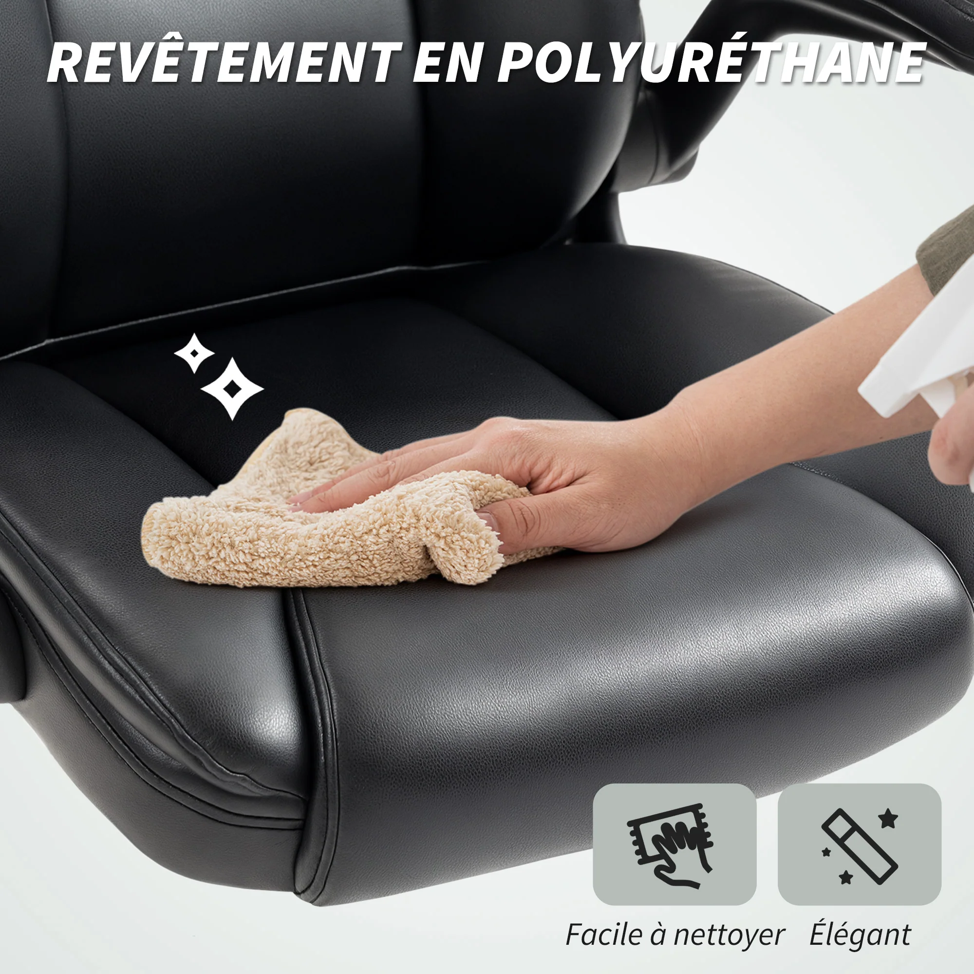 Chaise de bureau, fauteuil de bureau ergonomique avec accoudoirs relevables, hauteur réglable, fonction de bascule et pivotant à 360°, cuir synthétique, pour chambre, télétravail, noir - Image 10