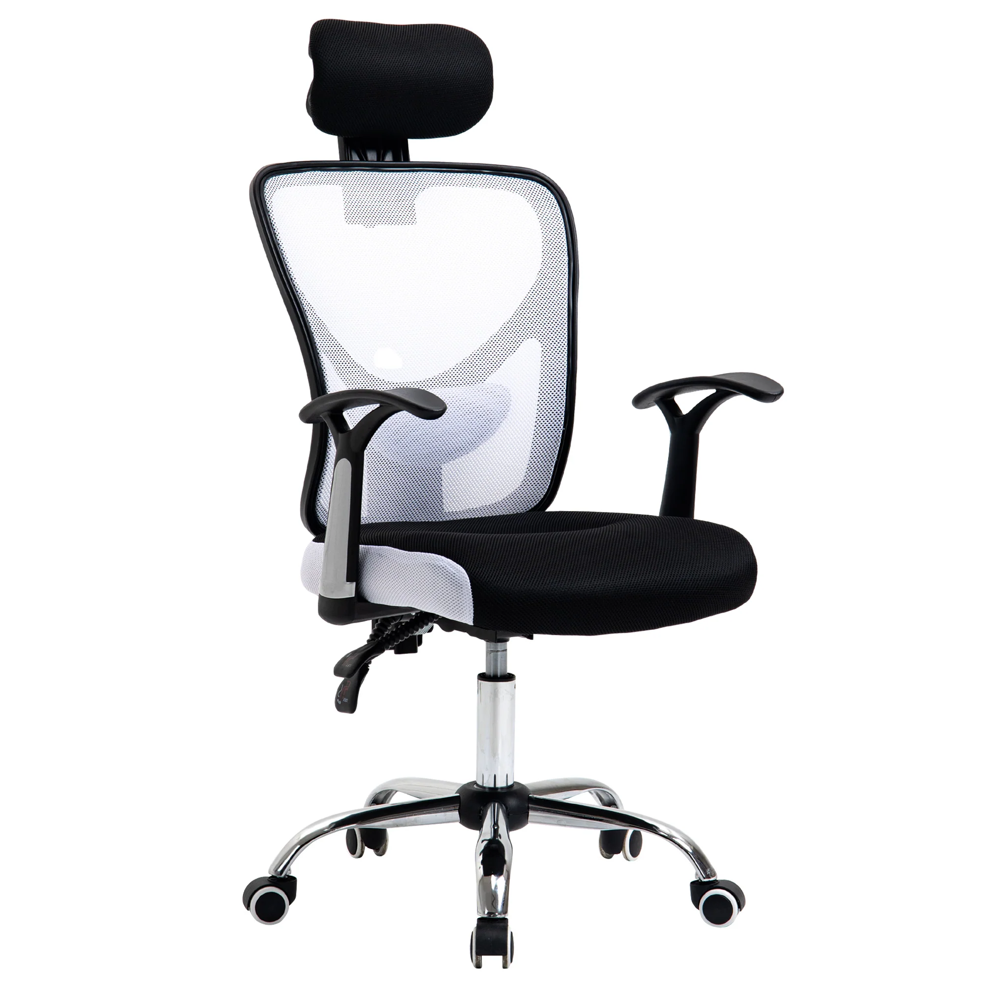 Chaise de bureau, fauteuil de bureau ergonomique en maille avec hauteur et appui-tête réglable, dossier inclinable et support lombaire, pour chambre, télétravail, charge 120 Kg, noir et blanc - Image 2