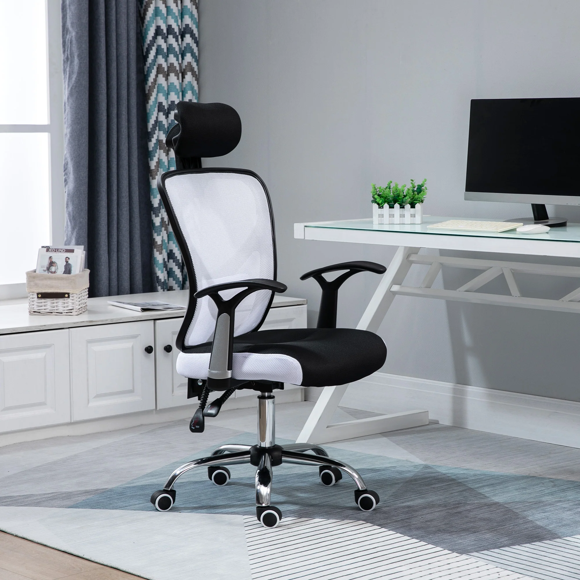 Chaise de bureau, fauteuil de bureau ergonomique en maille avec hauteur et appui-tête réglable, dossier inclinable et support lombaire, pour chambre, télétravail, charge 120 Kg, noir et blanc - Image 3