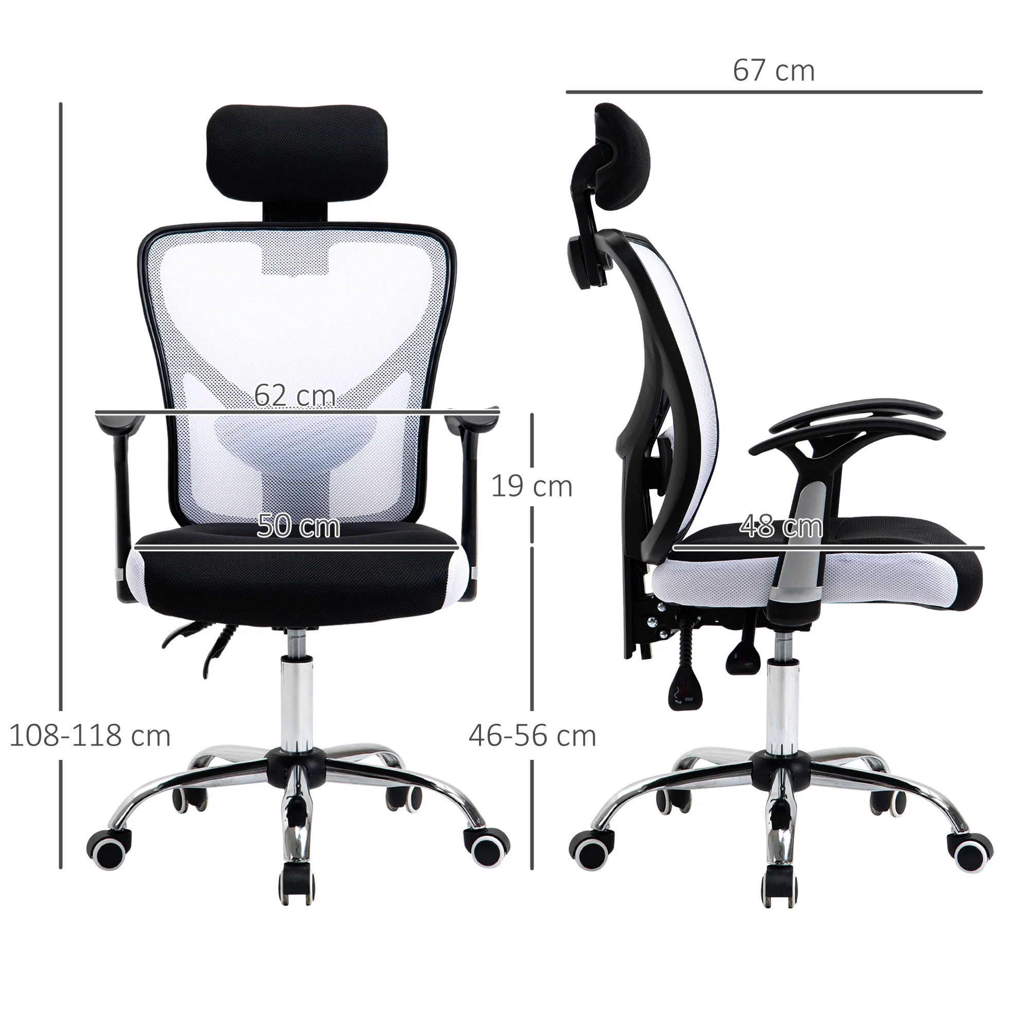Chaise de bureau, fauteuil de bureau ergonomique en maille avec hauteur et appui-tête réglable, dossier inclinable et support lombaire, pour chambre, télétravail, charge 120 Kg, noir et blanc - Image 4