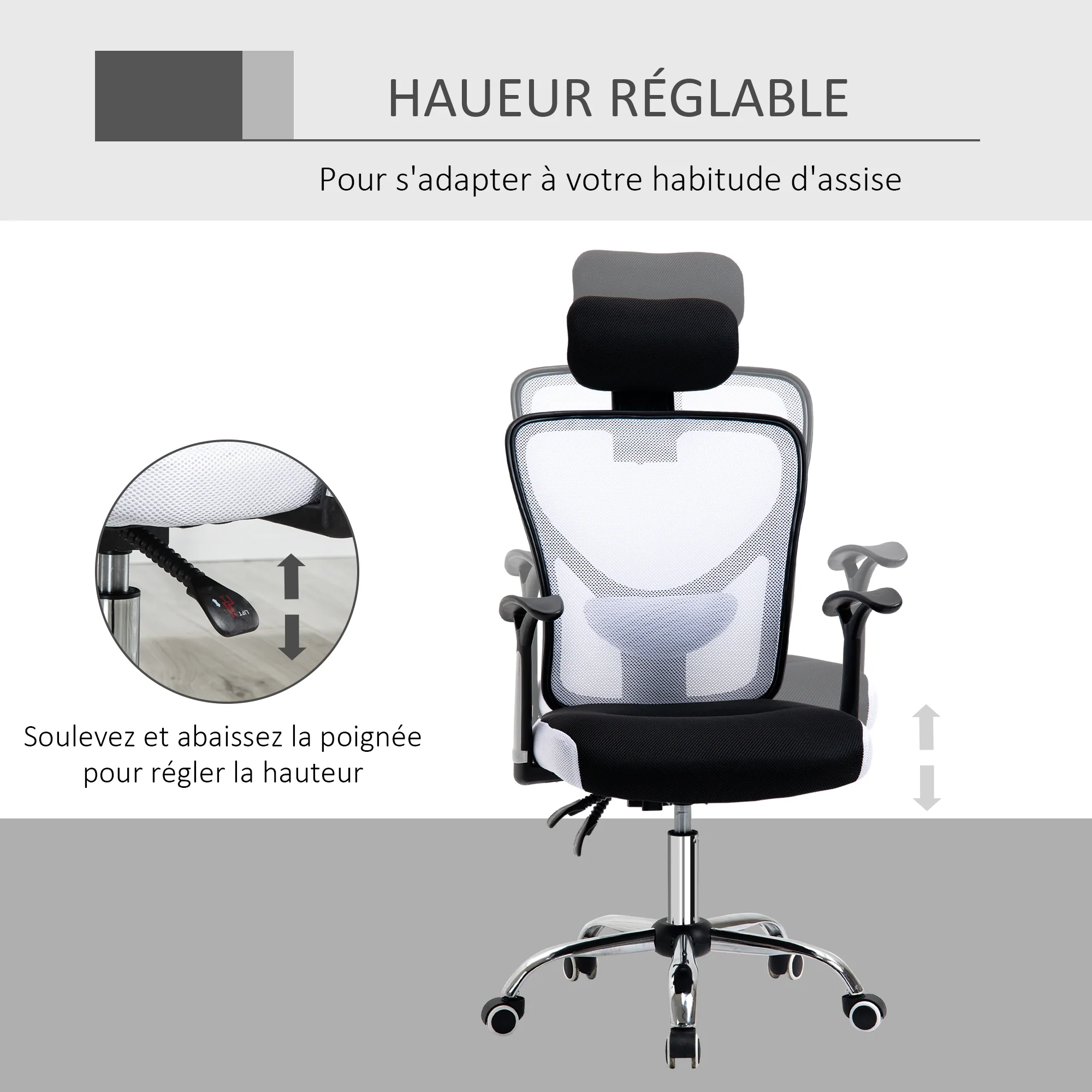 Chaise de bureau, fauteuil de bureau ergonomique en maille avec hauteur et appui-tête réglable, dossier inclinable et support lombaire, pour chambre, télétravail, charge 120 Kg, noir et blanc - Image 5