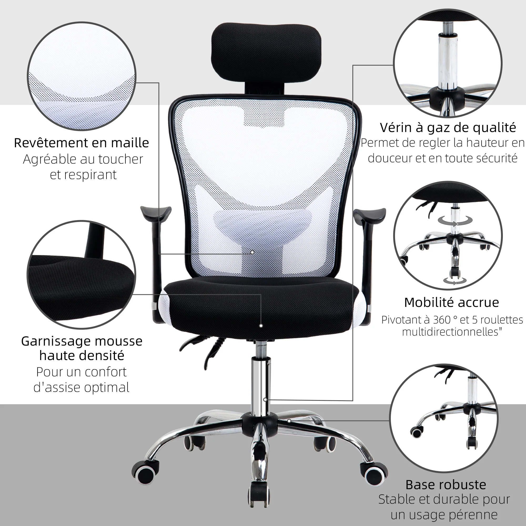 Chaise de bureau, fauteuil de bureau ergonomique en maille avec hauteur et appui-tête réglable, dossier inclinable et support lombaire, pour chambre, télétravail, charge 120 Kg, noir et blanc - Image 6