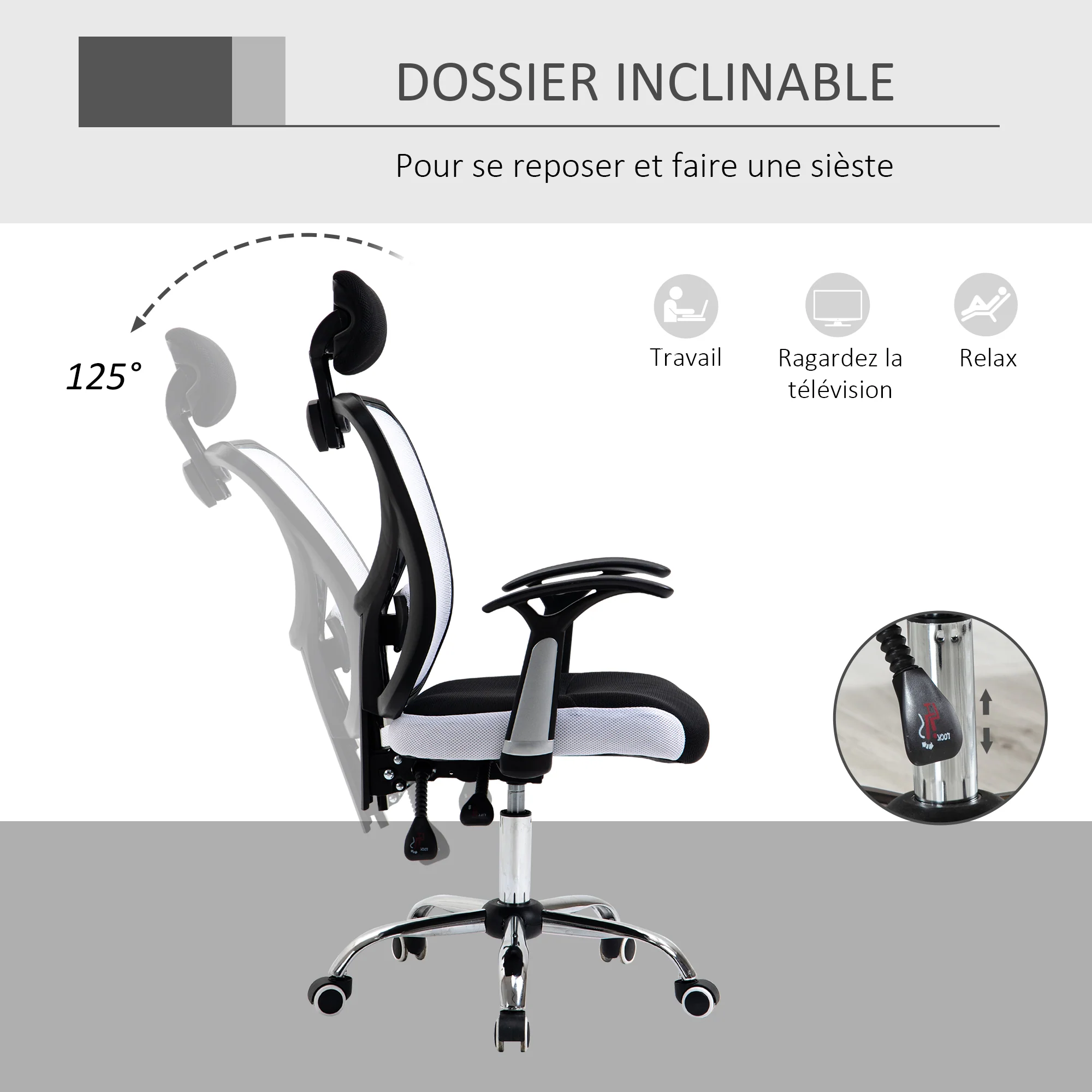 Chaise de bureau, fauteuil de bureau ergonomique en maille avec hauteur et appui-tête réglable, dossier inclinable et support lombaire, pour chambre, télétravail, charge 120 Kg, noir et blanc - Image 7