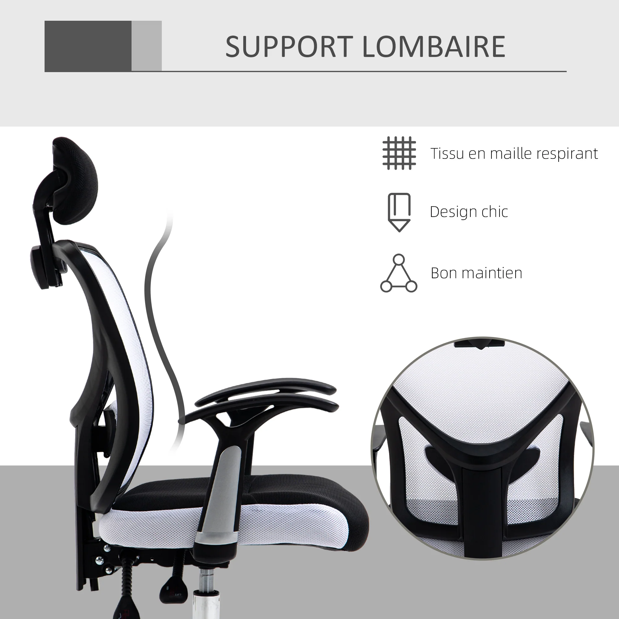 Chaise de bureau, fauteuil de bureau ergonomique en maille avec hauteur et appui-tête réglable, dossier inclinable et support lombaire, pour chambre, télétravail, charge 120 Kg, noir et blanc - Image 8