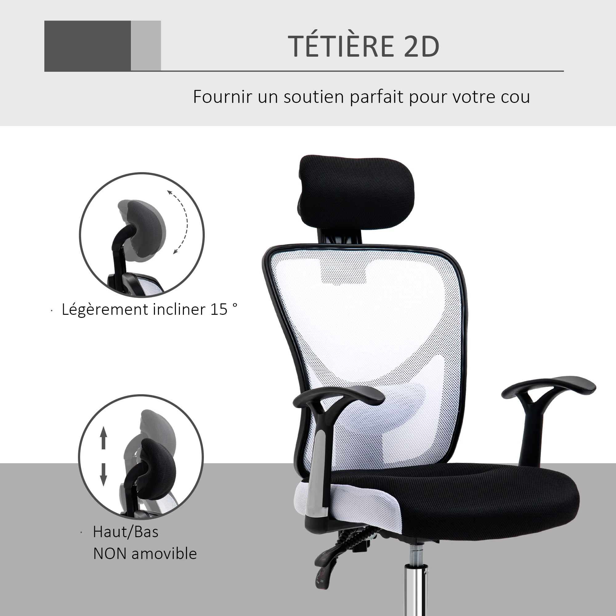 Chaise de bureau, fauteuil de bureau ergonomique en maille avec hauteur et appui-tête réglable, dossier inclinable et support lombaire, pour chambre, télétravail, charge 120 Kg, noir et blanc - Image 9