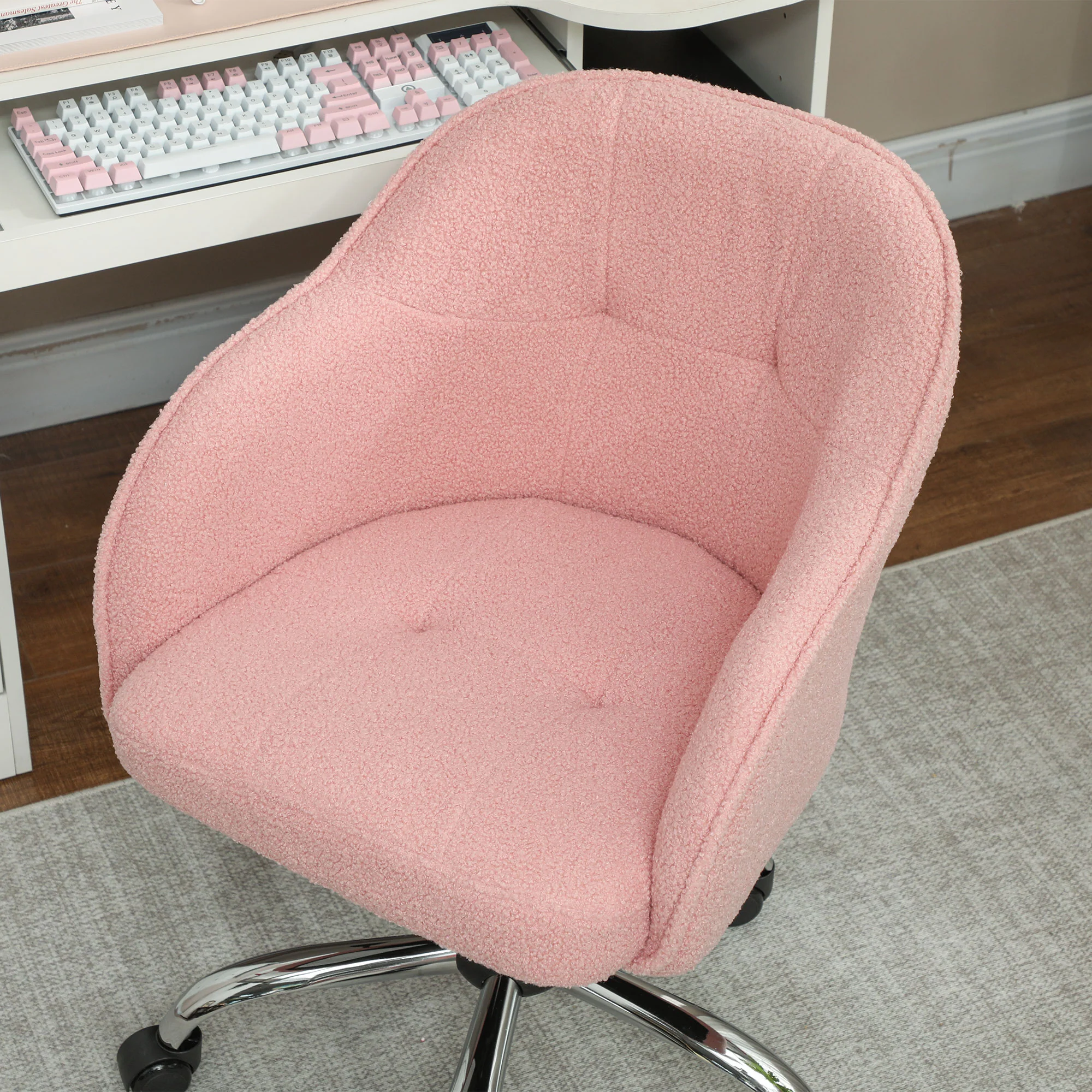 Chaise de bureau, fauteuil de bureau ergonomique en peluche Teddy, hauteur réglable, assise et dossier rembourrés, pivotant 360°, design moderne, pour bureau, chambre, rose - Image 10