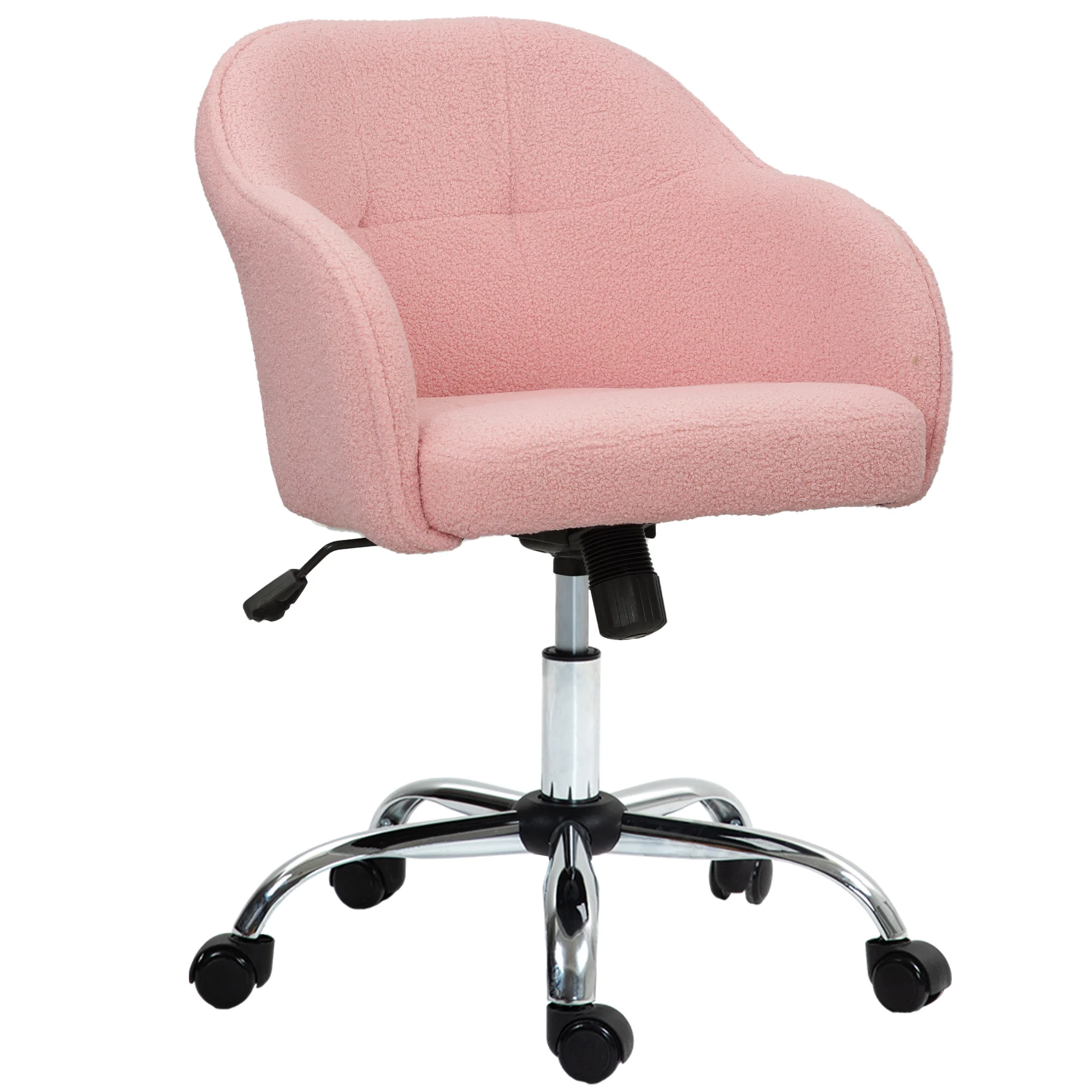 Chaise de bureau, fauteuil de bureau ergonomique en peluche Teddy, hauteur réglable, assise et dossier rembourrés, pivotant 360°, design moderne, pour bureau, chambre, rose - Image 11