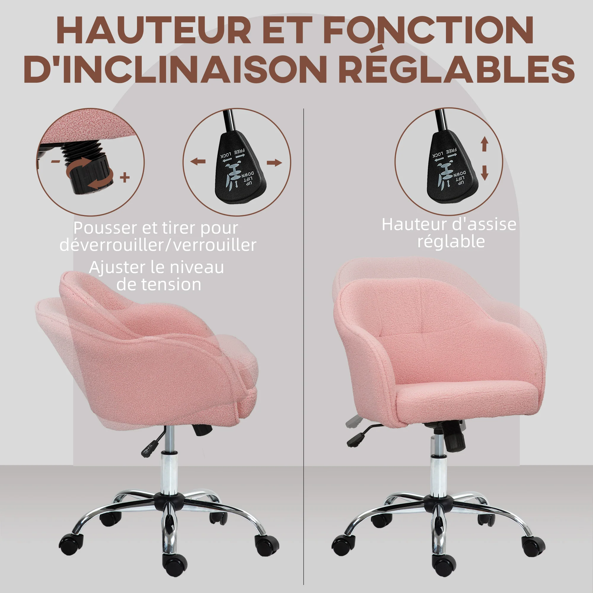 Chaise de bureau, fauteuil de bureau ergonomique en peluche Teddy, hauteur réglable, assise et dossier rembourrés, pivotant 360°, design moderne, pour bureau, chambre, rose - Image 5