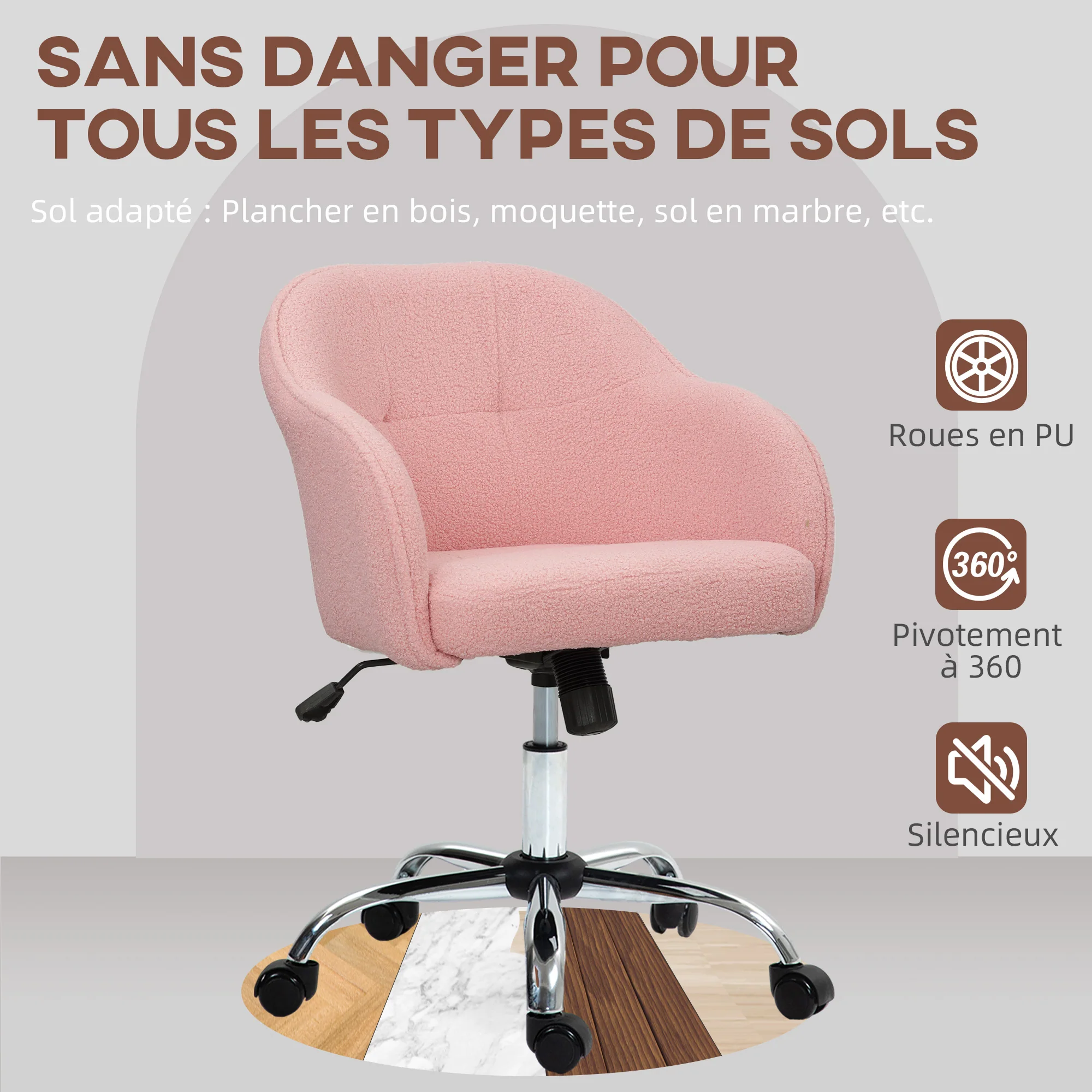 Chaise de bureau, fauteuil de bureau ergonomique en peluche Teddy, hauteur réglable, assise et dossier rembourrés, pivotant 360°, design moderne, pour bureau, chambre, rose - Image 6