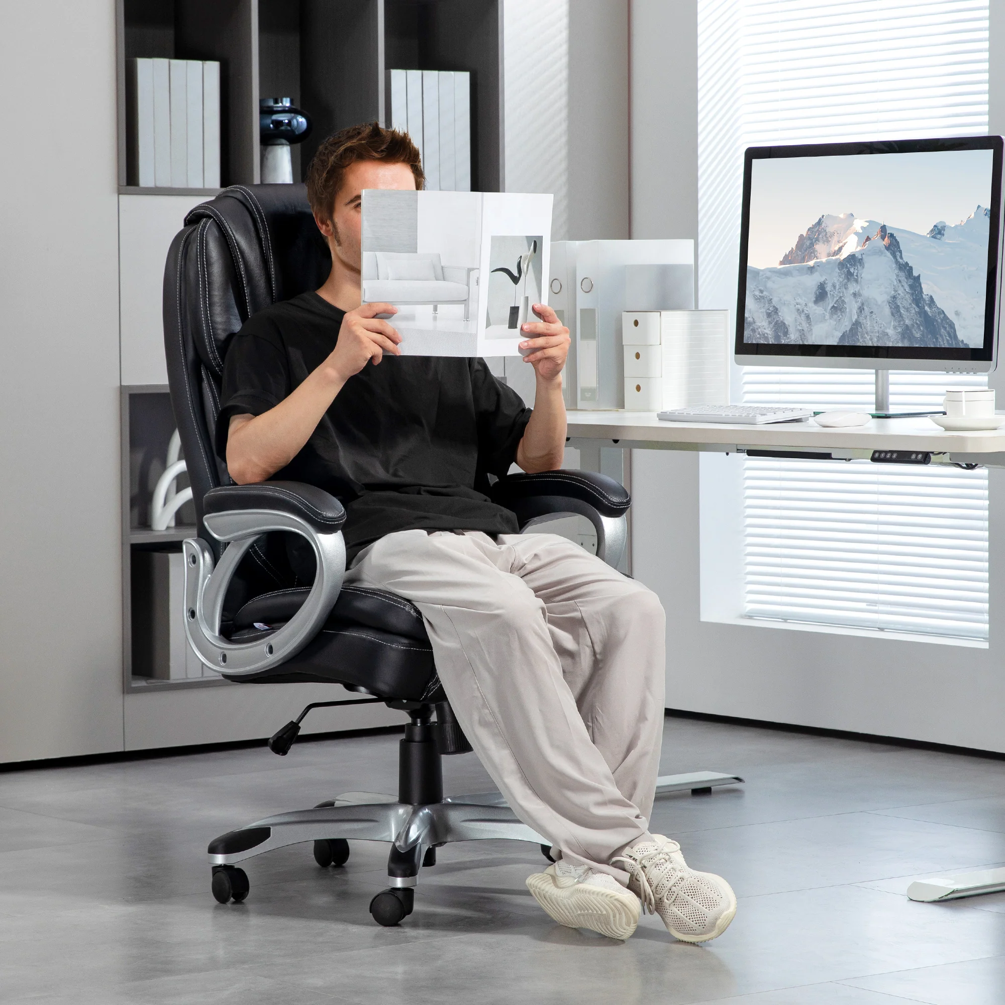 Chaise de bureau, fauteuil de bureau, siège d'ordinateur, avec fonction bascule, dossier haut, roulettes pivotantes 360°, hauteur réglable, noir - Image 3