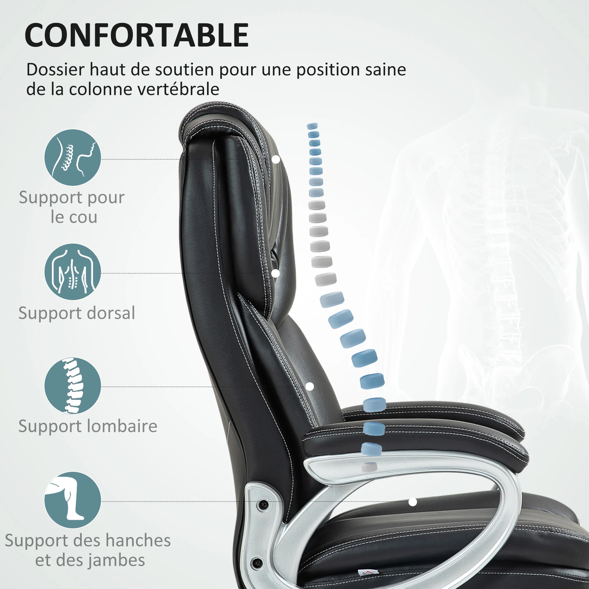 Chaise de bureau, fauteuil de bureau, siège d'ordinateur, avec fonction bascule, dossier haut, roulettes pivotantes 360°, hauteur réglable, noir - Image 5